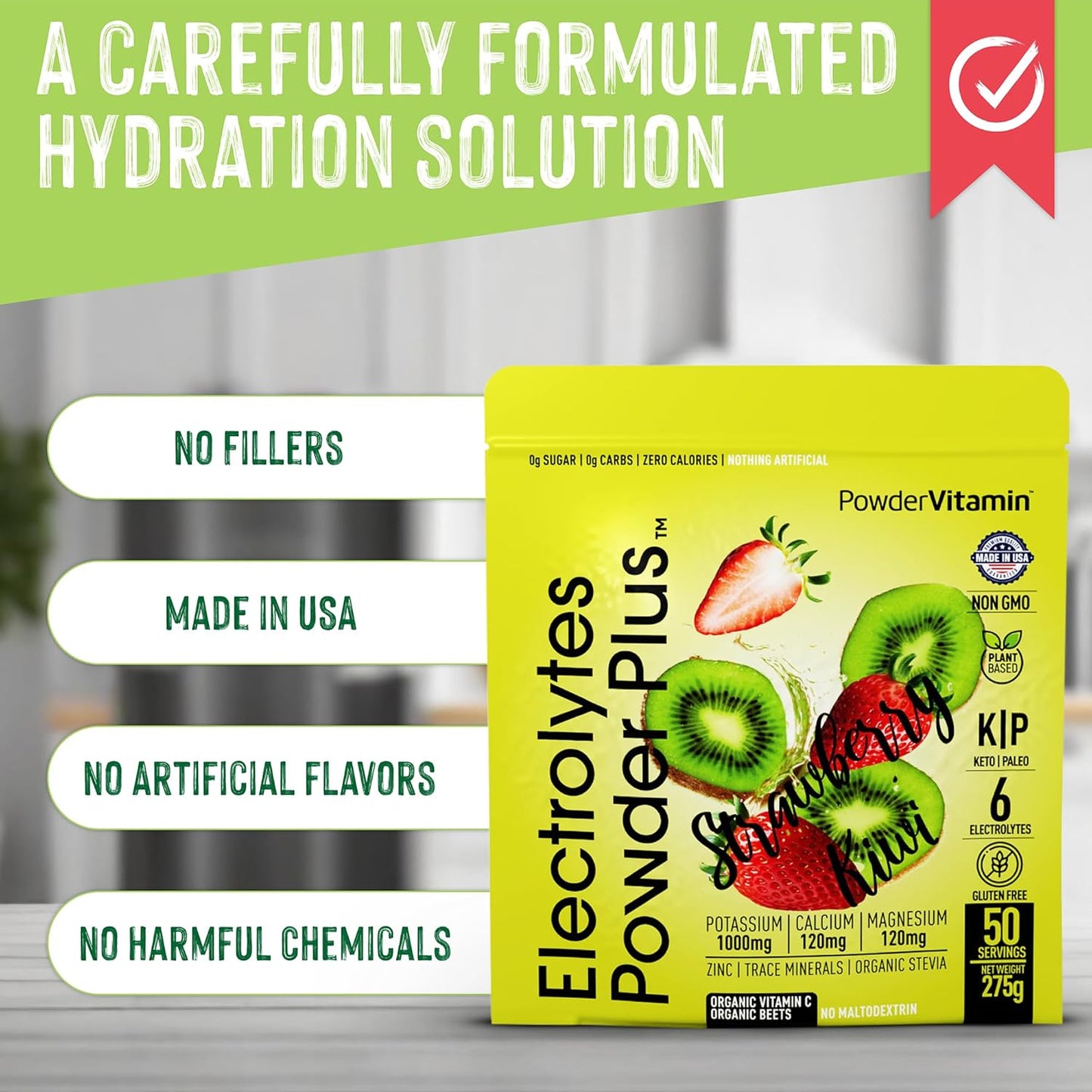 Electrolyte Powder with Vitamins (50 Servings, Strawberry Kiwi Flavor) - Zero Calorie, Keto-Friendly, Sugar-Free, Hydration Support