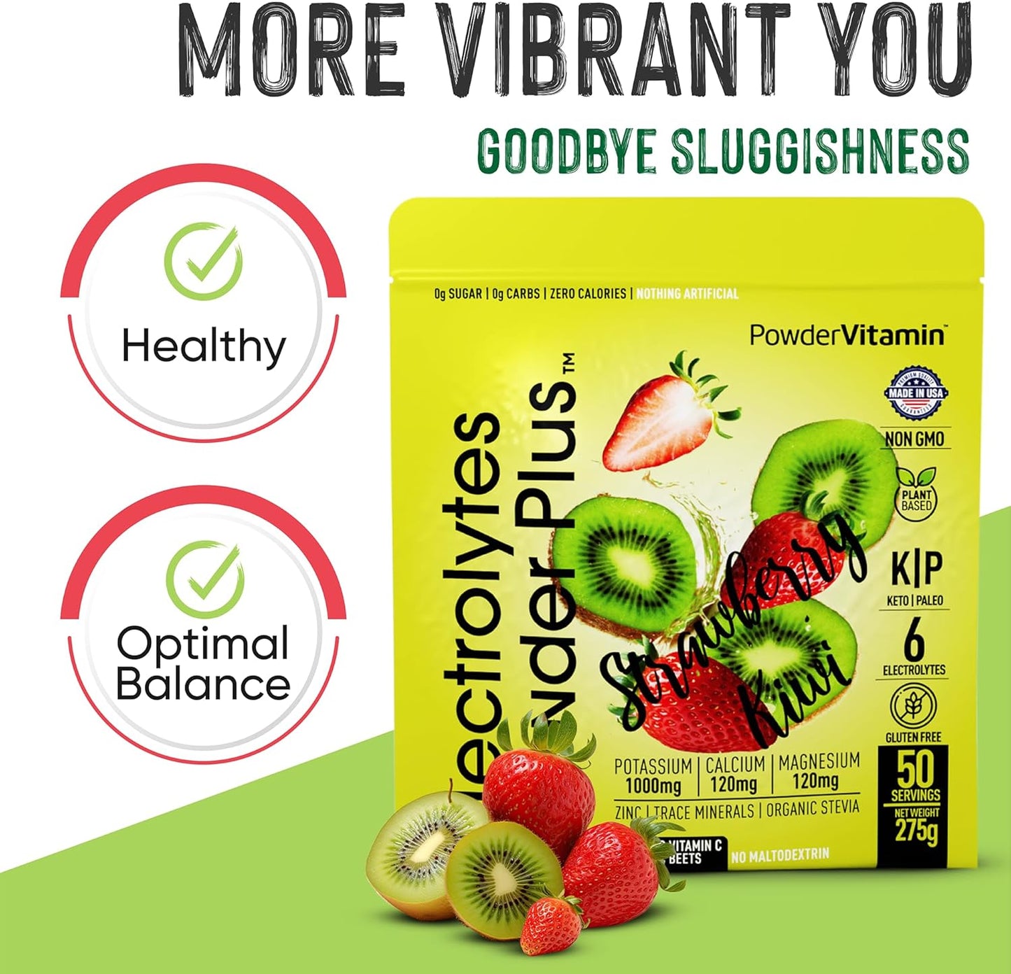 Electrolyte Powder with Vitamins (50 Servings, Strawberry Kiwi Flavor) - Zero Calorie, Keto-Friendly, Sugar-Free, Hydration Support
