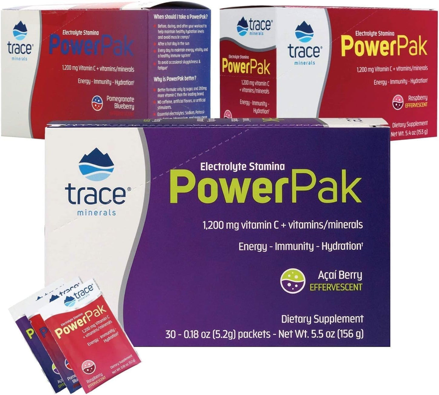 Electrolyte Stamina Power Pak Variety Pack - 1200mg Vitamin C - Non-GMO - Trace Minerals - 30 Packets - Pomegranate Blueberry, Raspberry, Acai Berry - Pack of 3