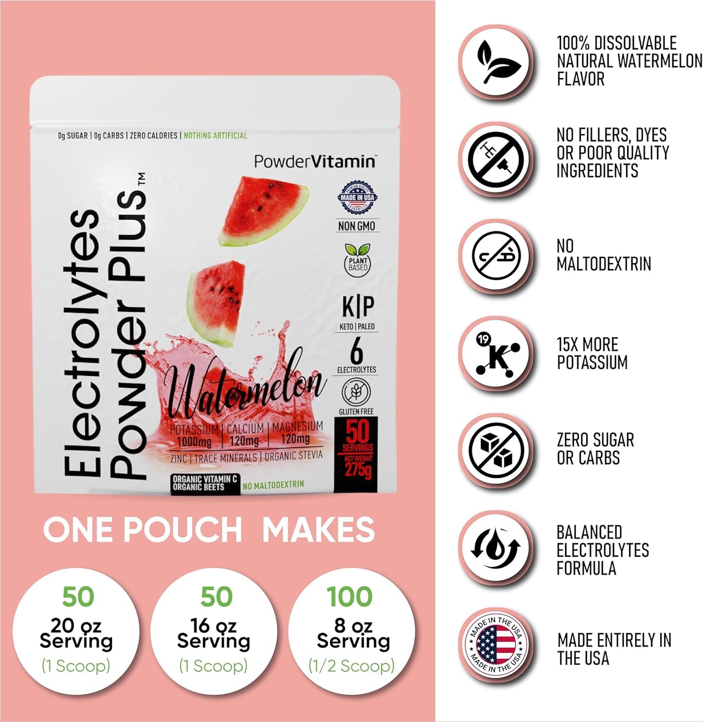 Electrolytes Powder with Vitamins, 0 Calorie Keto Hydration Powder (50 Servings, Watermelon Flavor)