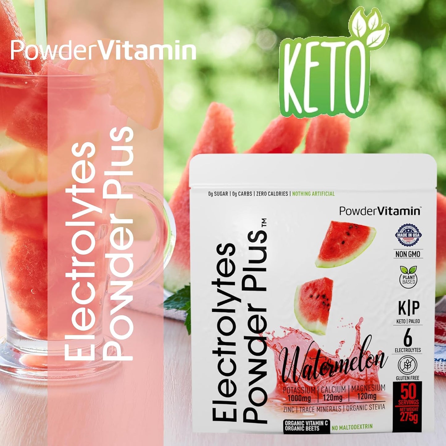 Electrolytes Powder with Vitamins, 0 Calorie Keto Hydration Powder (50 Servings, Watermelon Flavor)