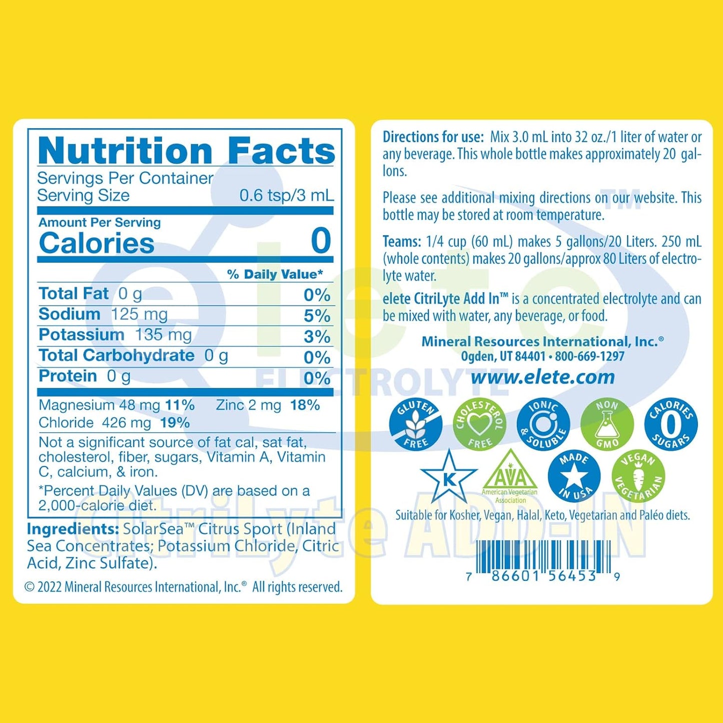 Elete Citrilyte Electrolyte Add-in Drops for Hydration, Muscle Cramp Relief, and Sports Drinks - Sodium, Magnesium, Potassium, Trace Minerals - Lemon Flavor - 18.6oz Refill Size
