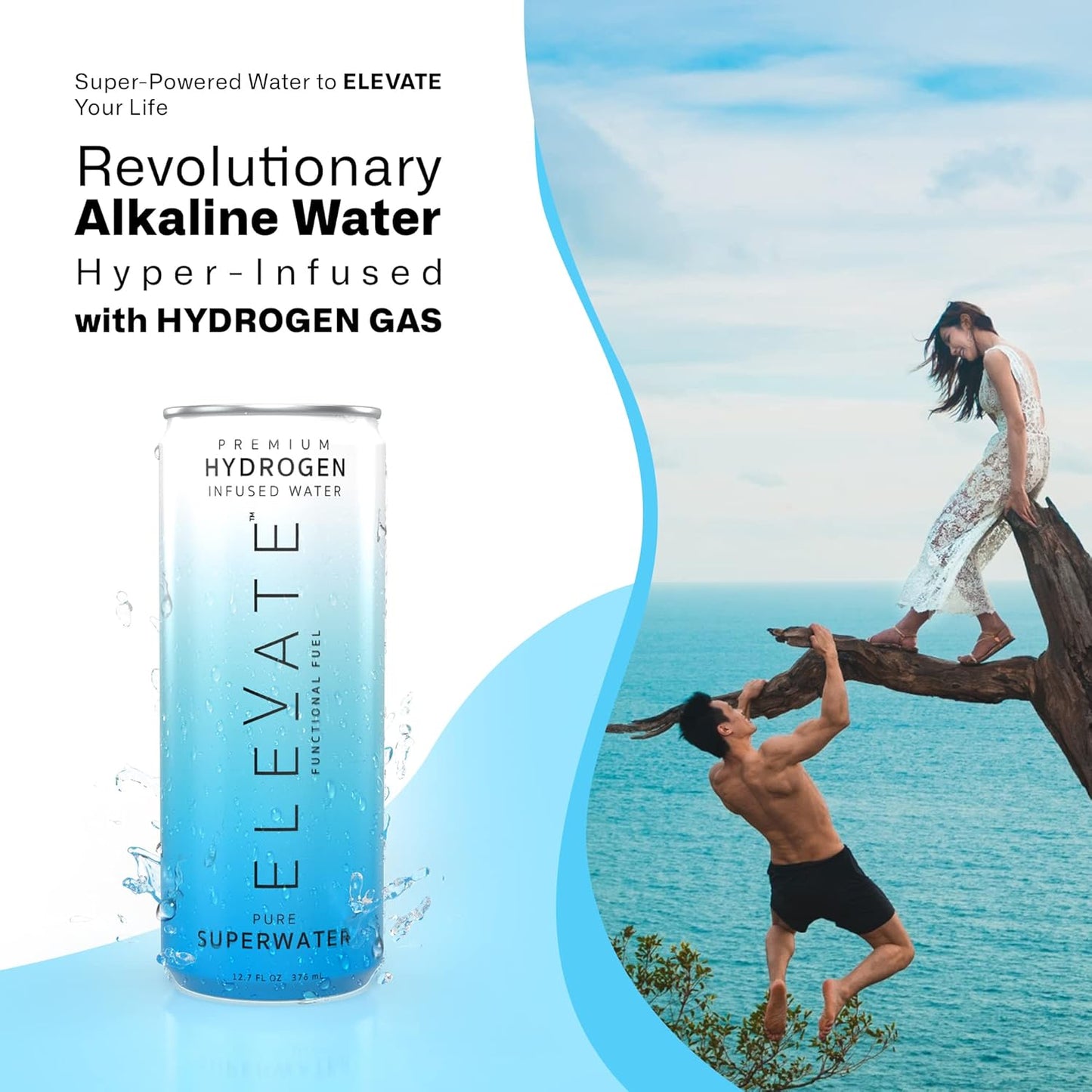 ELEVATE SUPERWATER Premium Hydrogen Water (12 pack) - Highest Hydrogen & Lowest ORP. Supports Recovery, Energy, Hydration, Focus, and Endurance.