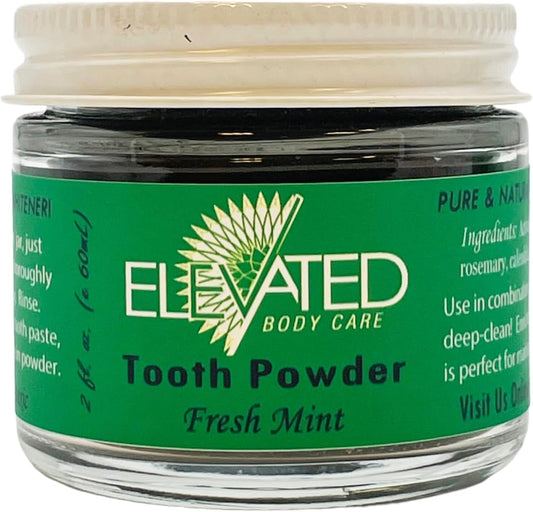 Elevated Tooth Powder with Xylitol and Activated Charcoal - Herbal Vegan Formula - 2 oz Glass Jar - Mint or Cinnamon - Made in USA