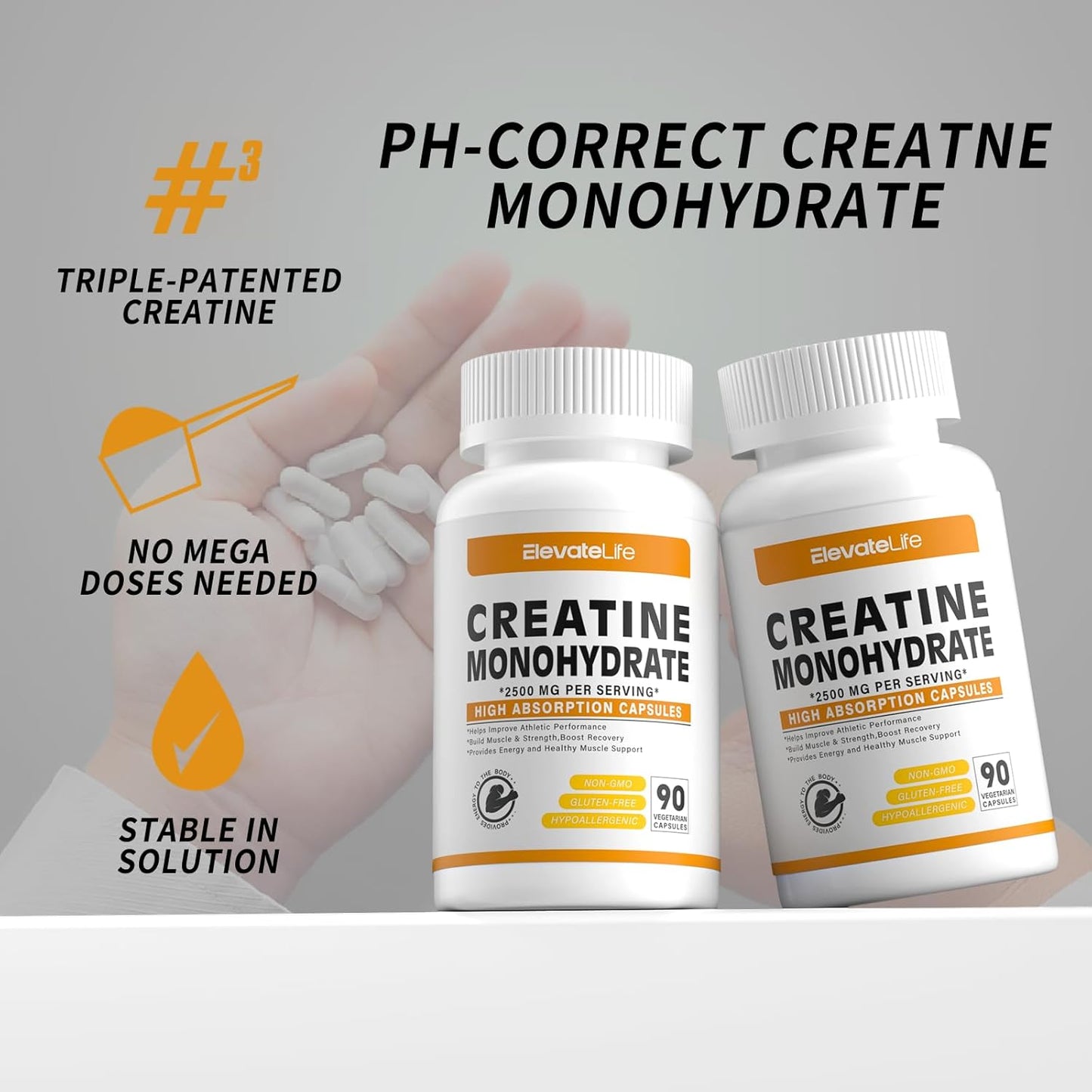ElevateLife 2500mg Creatine Monohydrate Capsules - 180 Count, Gluten Free & Non-GMO