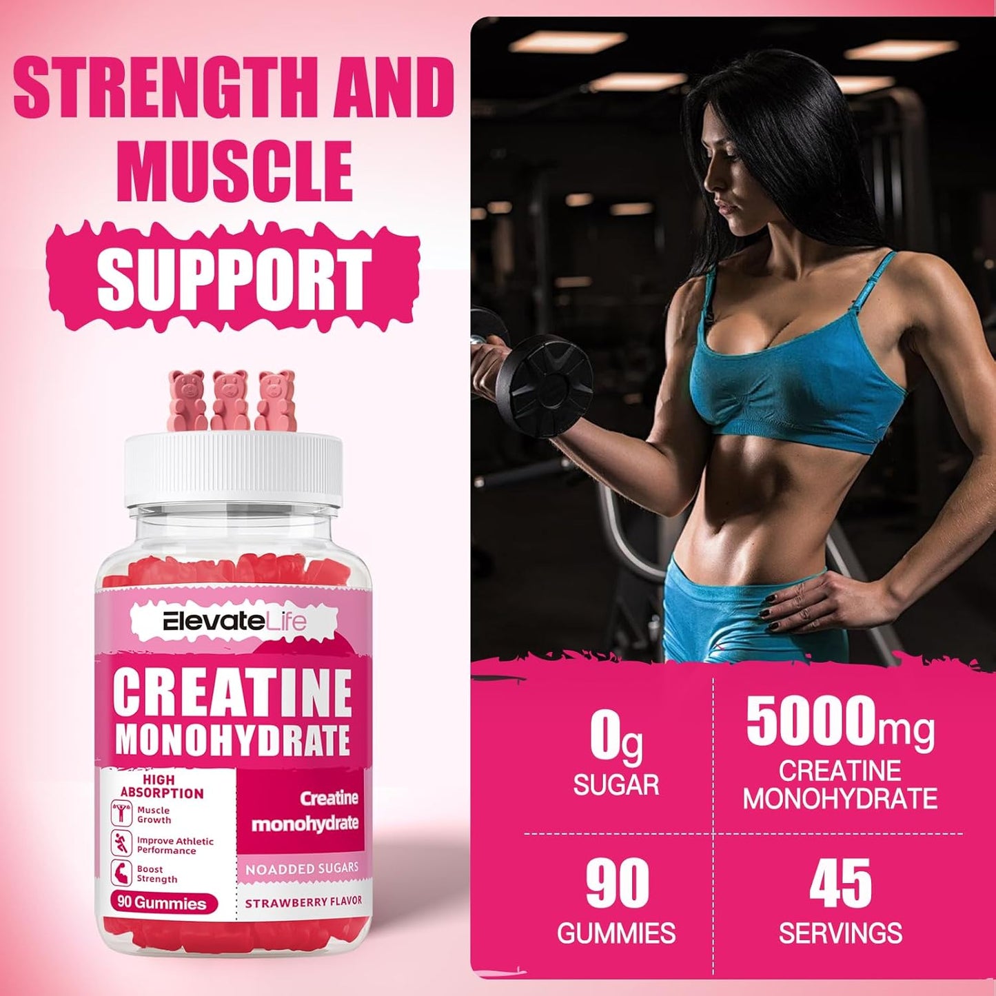 ElevateLife Strawberry Creatine Gummies 5000mg - 180 Count for Men and Women