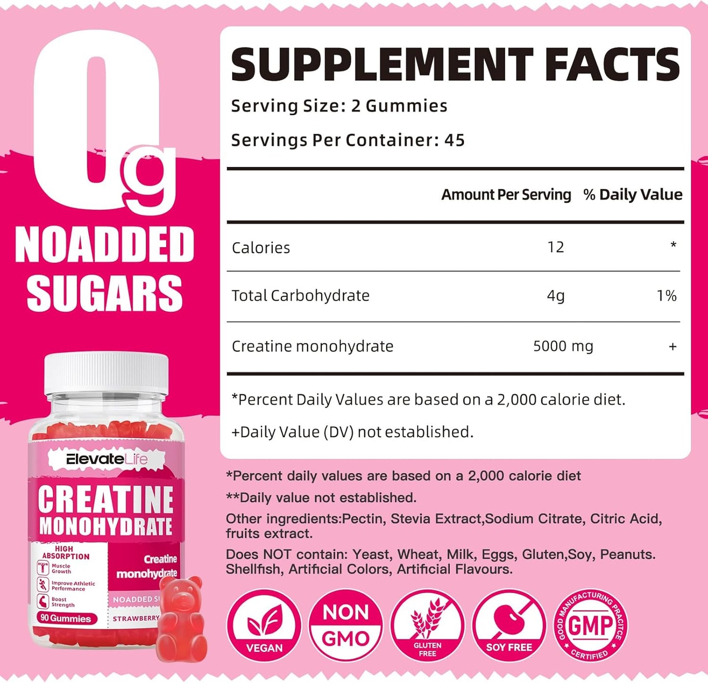 ElevateLife Strawberry Creatine Gummies 5000mg - 180 Count for Men and Women