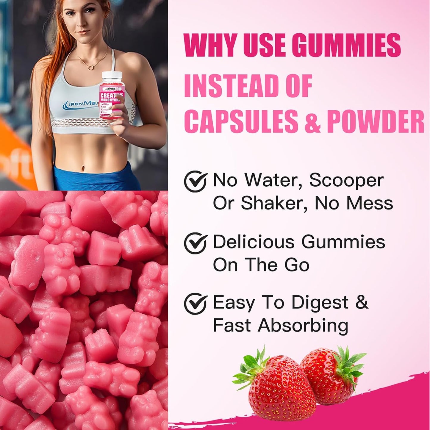 ElevateLife Strawberry Creatine Gummies 5000mg - 180 Count for Men and Women