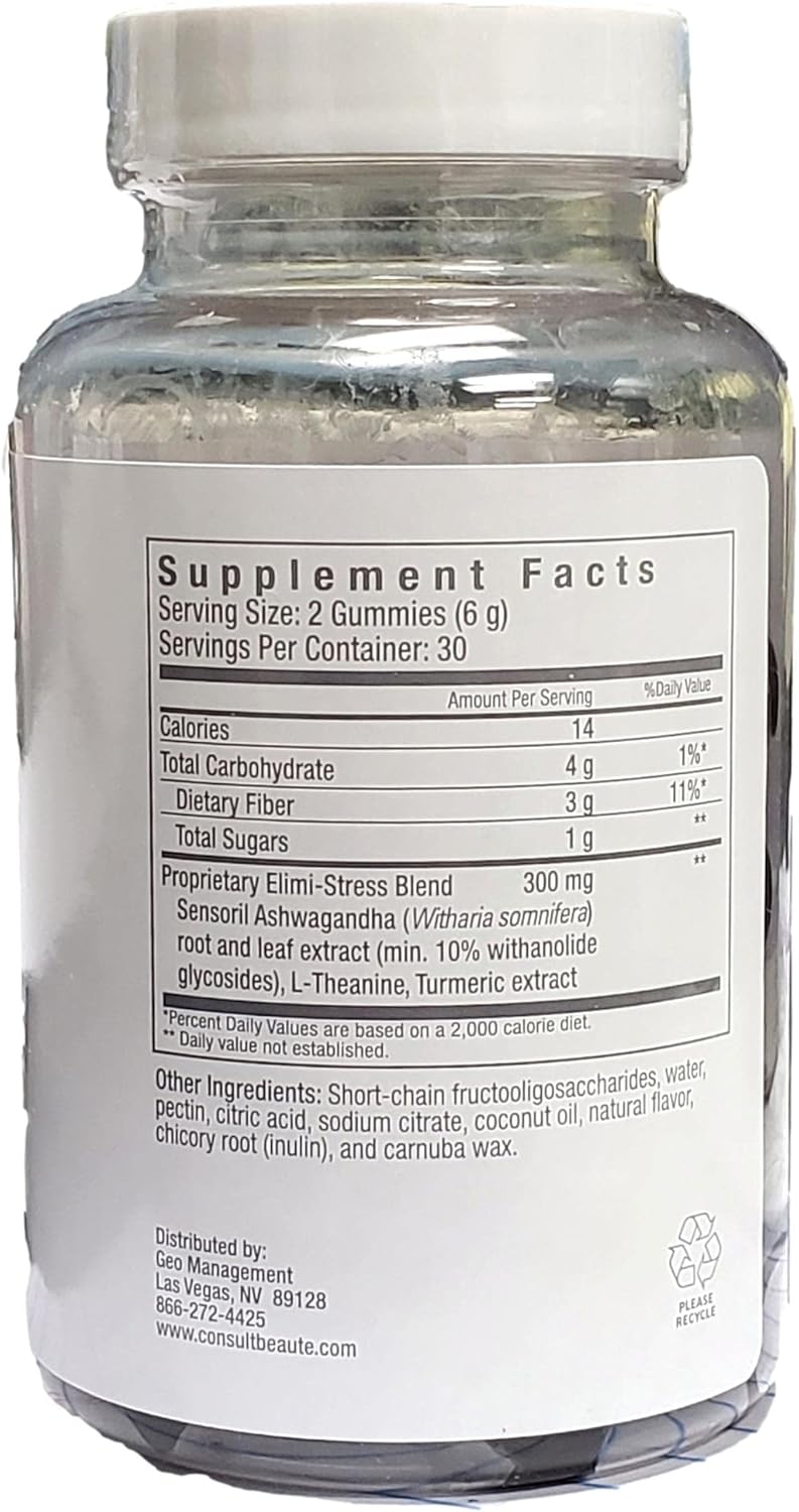 Elimi-Stress Vegan Gummies - Natural Stress Relief Supplement with Ashwagandha & Tumeric Extracts - Apple Flavor - 60 Count