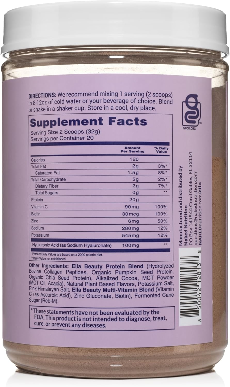 Ella Chocolate Collagen Protein Powder for Women - Grass-Fed Peptides, Non-GMO, Gluten-Free Beauty Supplement
