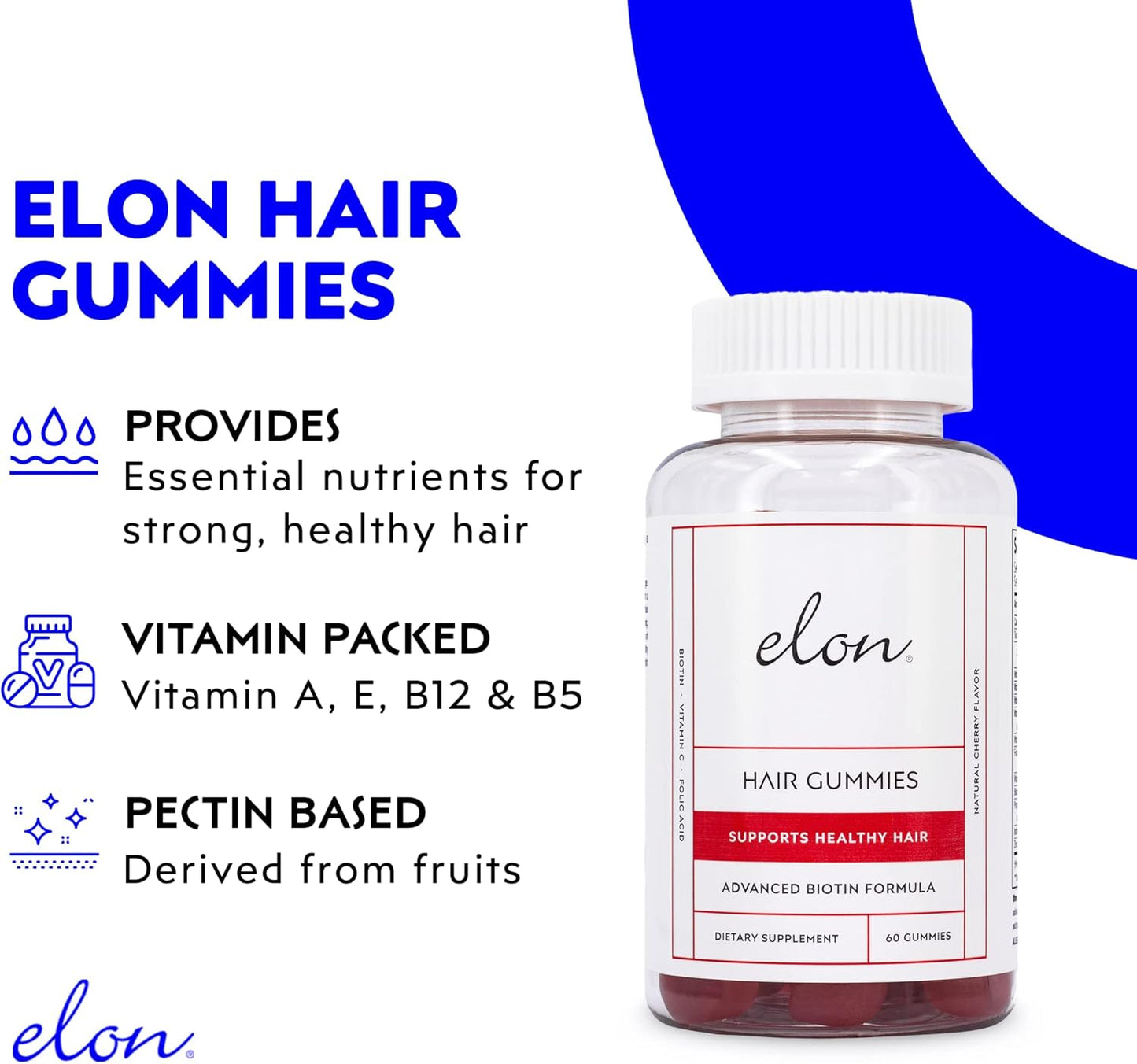 Elon Biotin Gummies 5000mcg for Hair, Skin, Nails - 60 Count Cherry Flavored Gummies - Vitamin A, Folic Acid, Vitamin E - 30 Day Supply