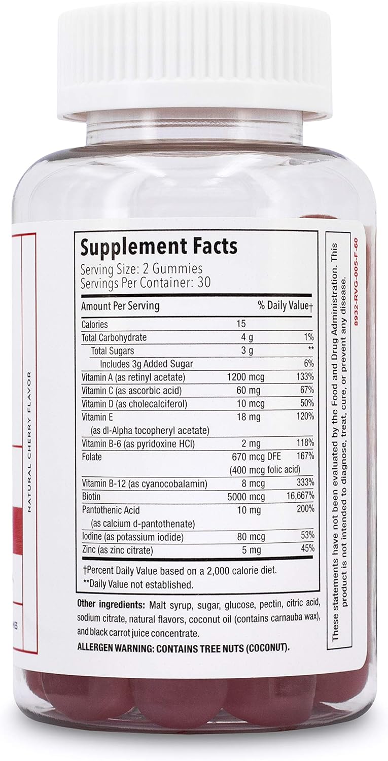Elon Biotin Gummies 5000mcg for Hair, Skin, Nails - 60 Count Cherry Flavored Gummies - Vitamin A, Folic Acid, Vitamin E - 30 Day Supply