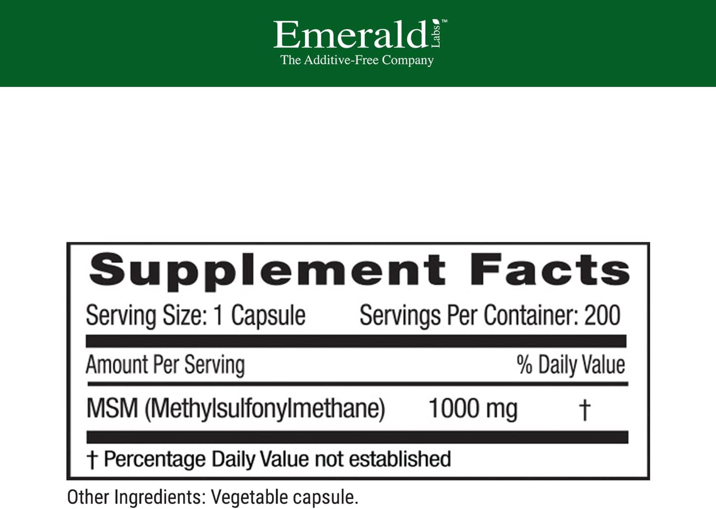 Emerald Labs MSM 1000mg - Joint, Liver & Immune Support Supplement with Methylsulfonylmethane - Gluten-Free & Additive-Free - 200 Capsules