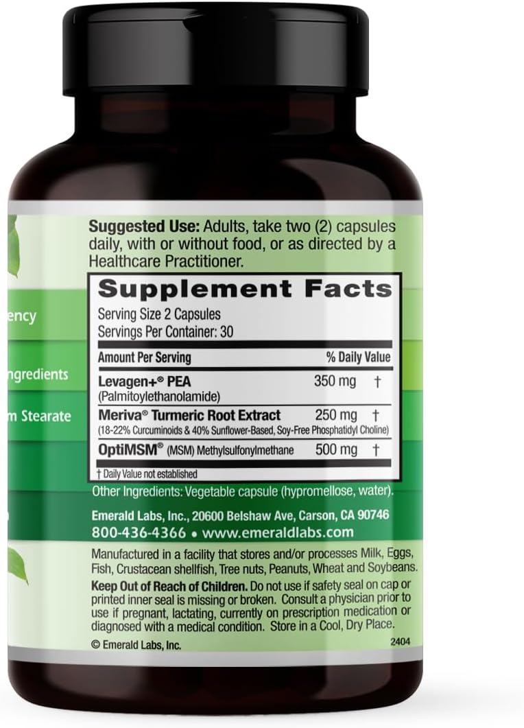 Emerald Labs Pea+ with Levagen+: Joint & Muscle Support with Curcumin & MSM - Non-GMO, Vegan - 60 Capsules