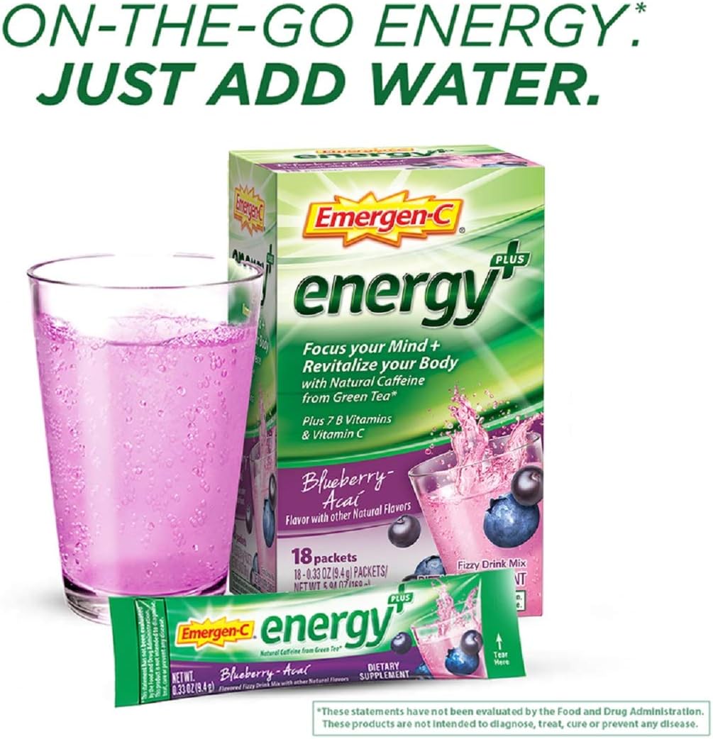 Emergen-C Energy+ Blueberry Acai Drink Mix - B Vitamins, Vitamin C, Natural Caffeine - Pack of 18 Powder Packets