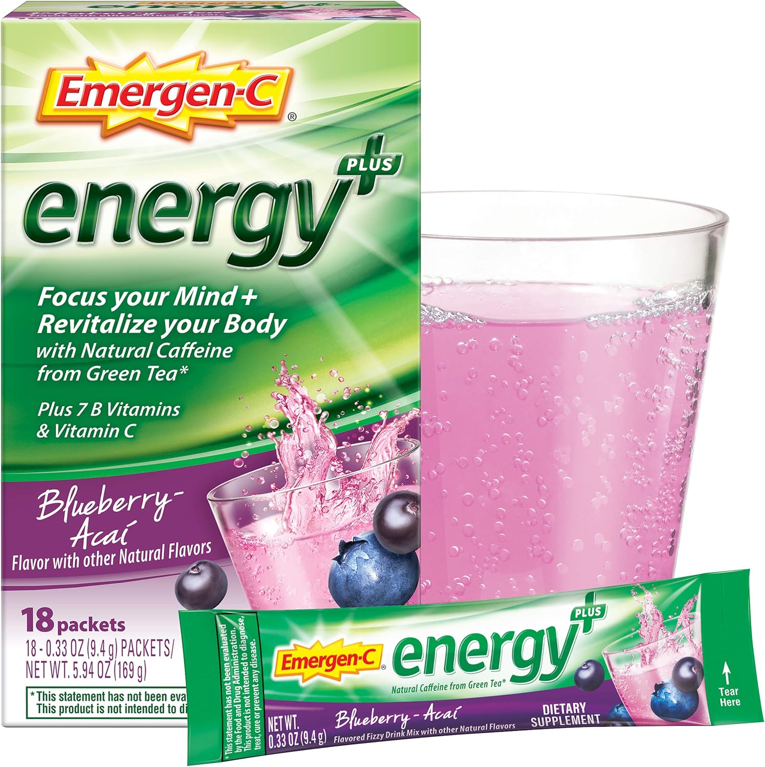 Emergen-C Energy+ Blueberry Acai Drink Mix - B Vitamins, Vitamin C, Natural Caffeine - Pack of 18 Powder Packets
