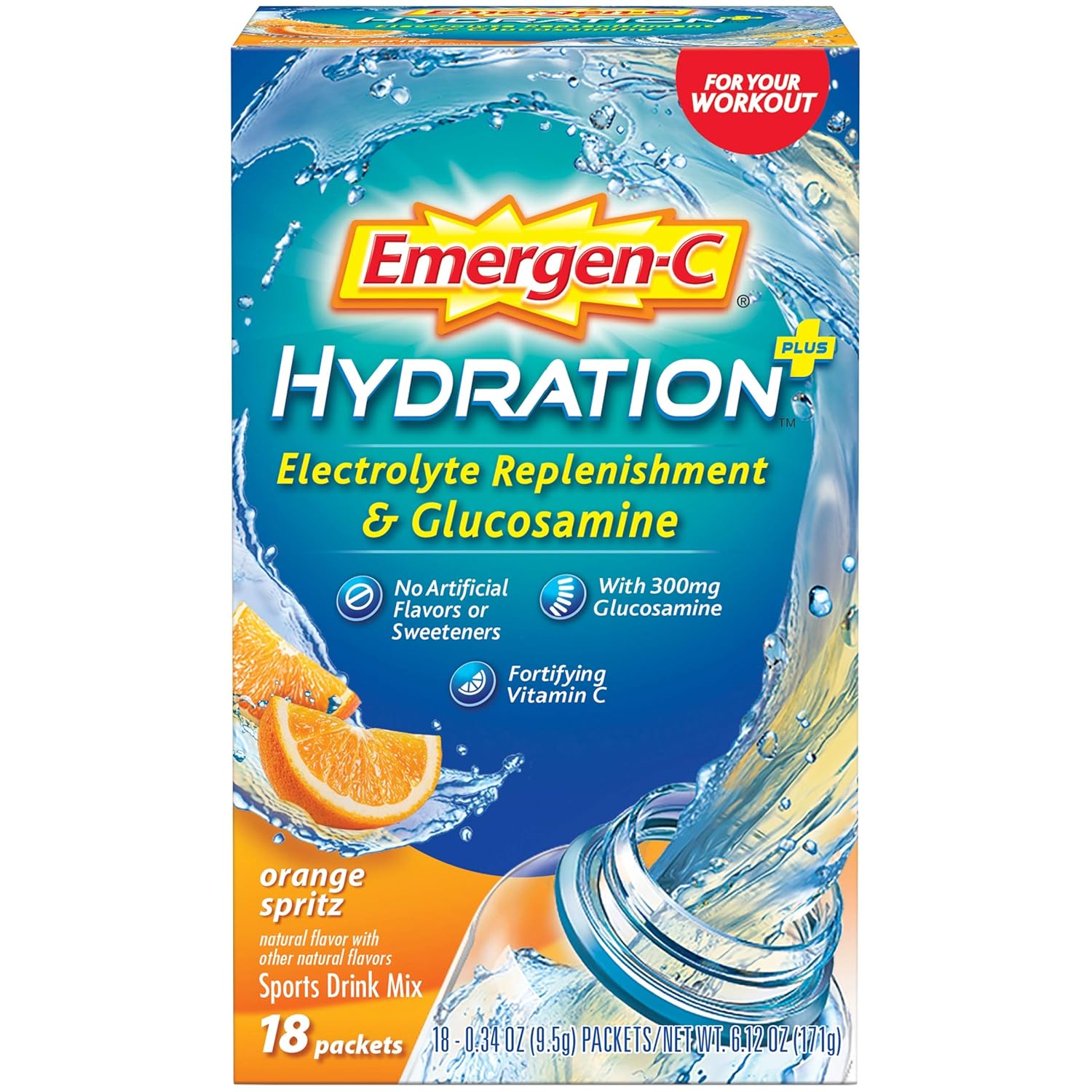 Emergen-C Hydration+ Sports Drink Mix with Vitamin C, Glucosamine, and Electrolytes - Orange Spritz Flavor (18 Count)