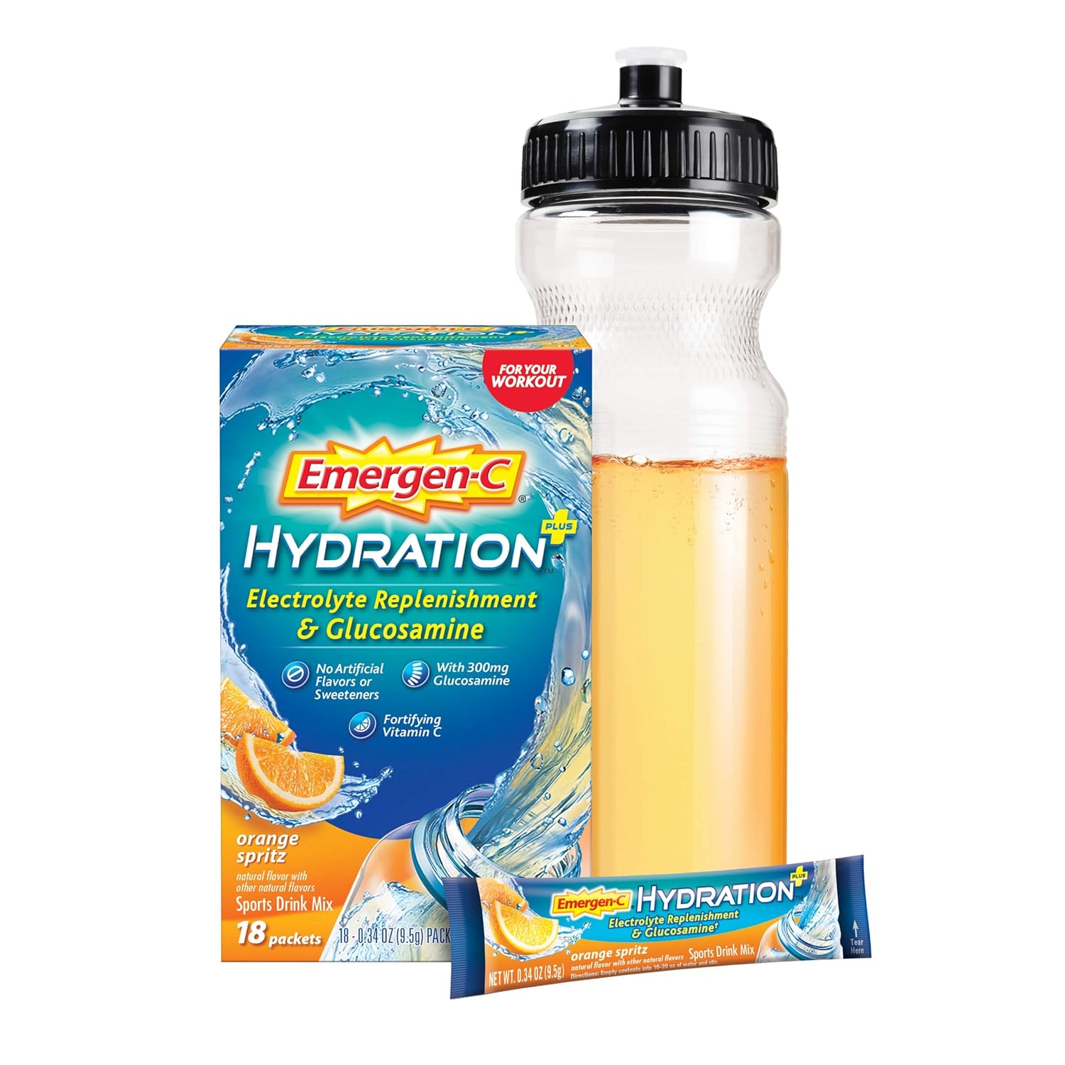 Emergen-C Hydration+ Sports Drink Mix with Vitamin C, Glucosamine, and Electrolytes - Orange Spritz Flavor (18 Count)