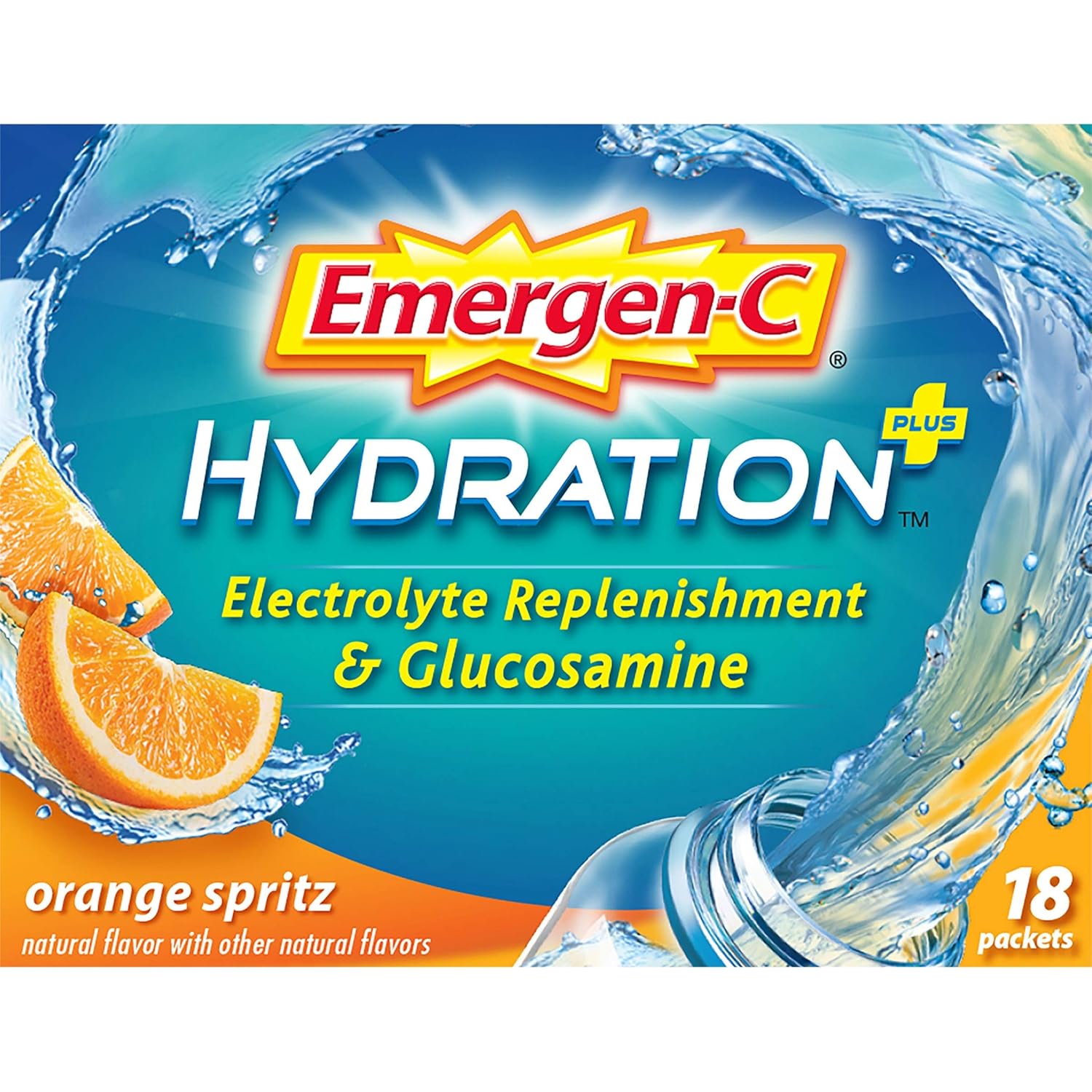 Emergen-C Hydration+ Sports Drink Mix with Vitamin C, Glucosamine, and Electrolytes - Orange Spritz Flavor (18 Count)