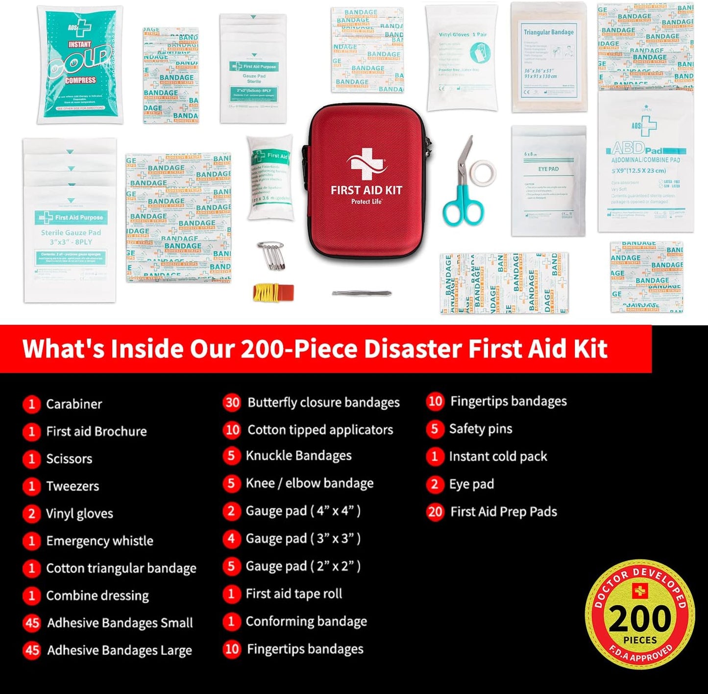 Emergency Scar Therapy Kit for Home & Business | HSA/FSA Eligible First Aid Kit | Travel & Camping Medical Kit (200 Piece)