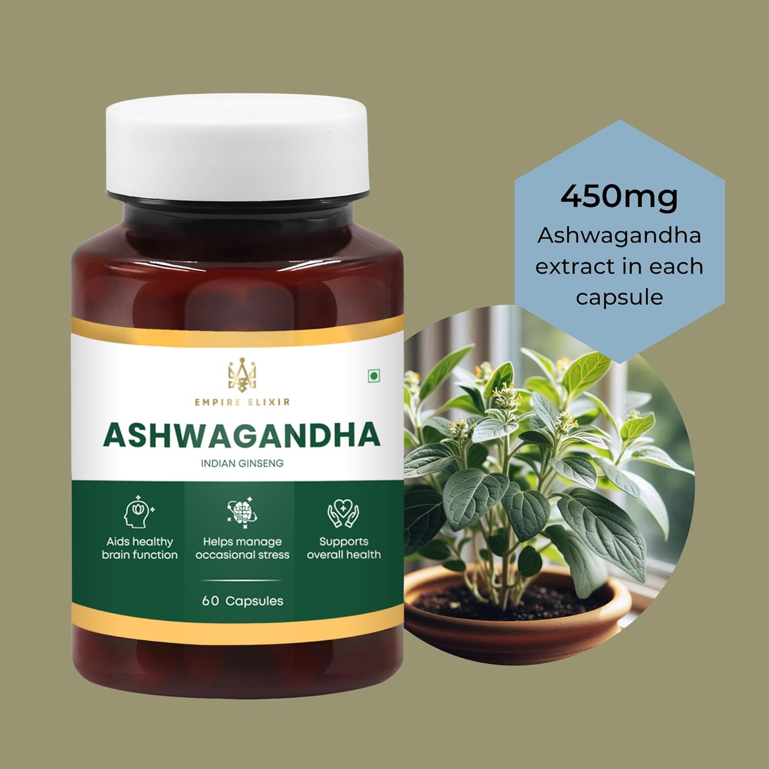 Empire Elixir Ashwagandha Capsules - Energy & Immune Support for Men & Women | 450mg | 60 Capsules | Non-GMO