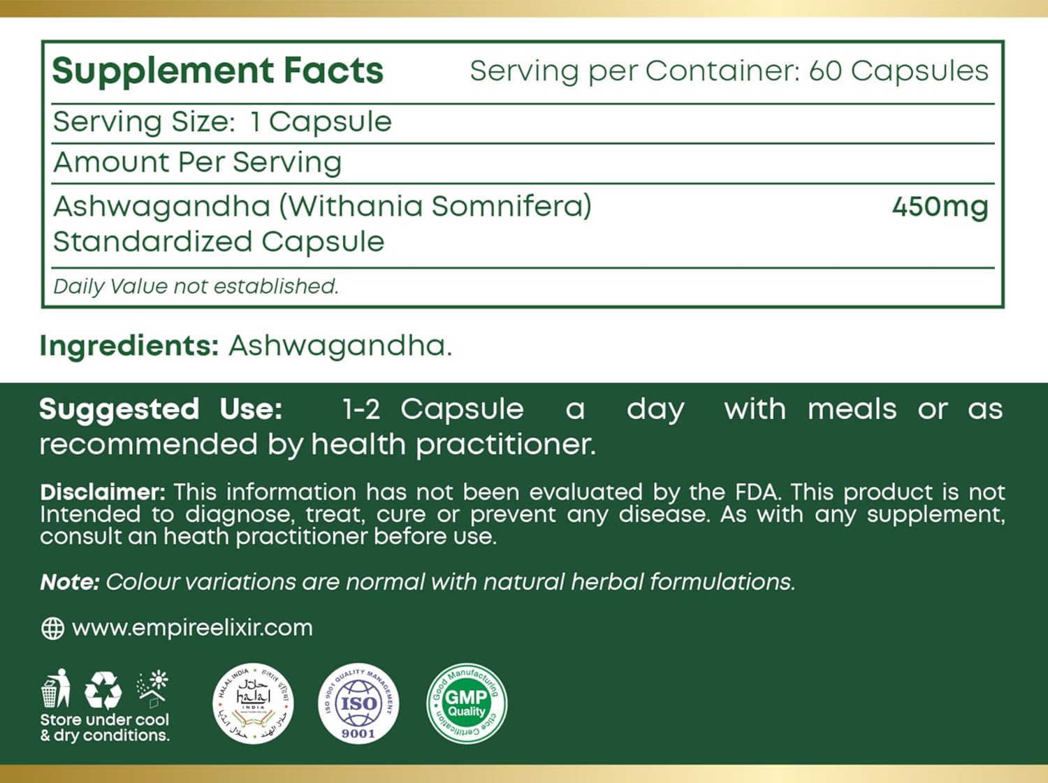 Empire Elixir Ashwagandha Capsules - Energy & Immune Support for Men & Women | 450mg | 60 Capsules | Non-GMO