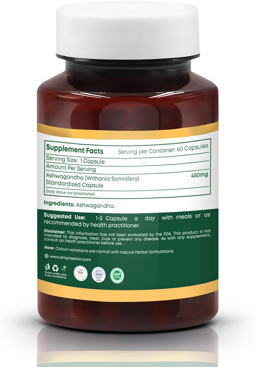 Empire Elixir Ashwagandha Capsules - Energy & Immune Support for Men & Women | 450mg | 60 Capsules | Non-GMO