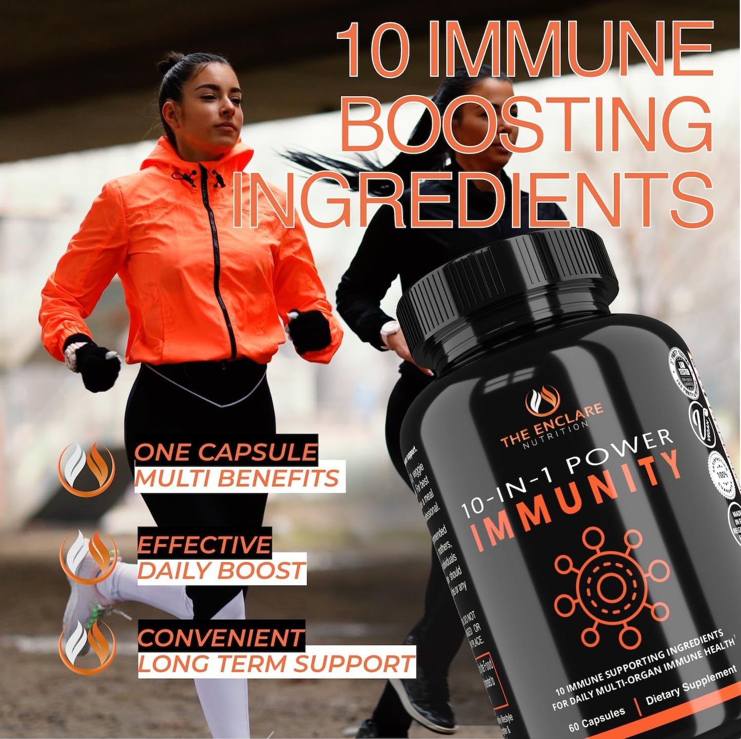 Enclare Nutrition 10-in-1 Immune Support Supplement with Echinacea, Vitamin C, Zinc, Turmeric, Ginger, B6, Elderberry - 60 Veg Caps - USA Made
