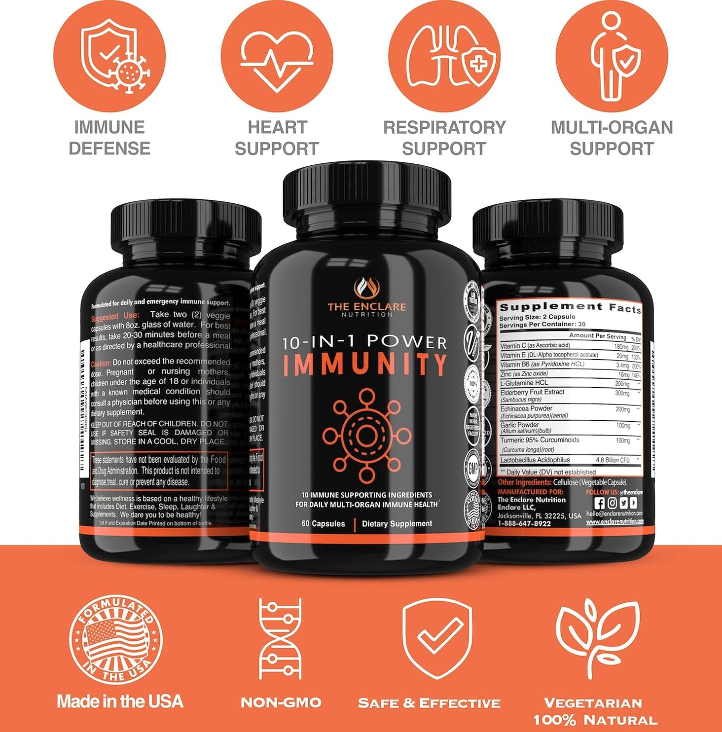 Enclare Nutrition 10-in-1 Immune Support Supplement with Echinacea, Vitamin C, Zinc, Turmeric, Ginger, B6, Elderberry - 60 Veg Caps - USA Made