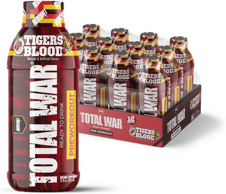 Endurance-Boosting REDCON1 Total War Ready to Drink Pre Workout - Keto-Friendly RTD Amino Acid & Citrulline Malate Formula for Men & Women - Tiger's Blood Flavor, 12 Servings