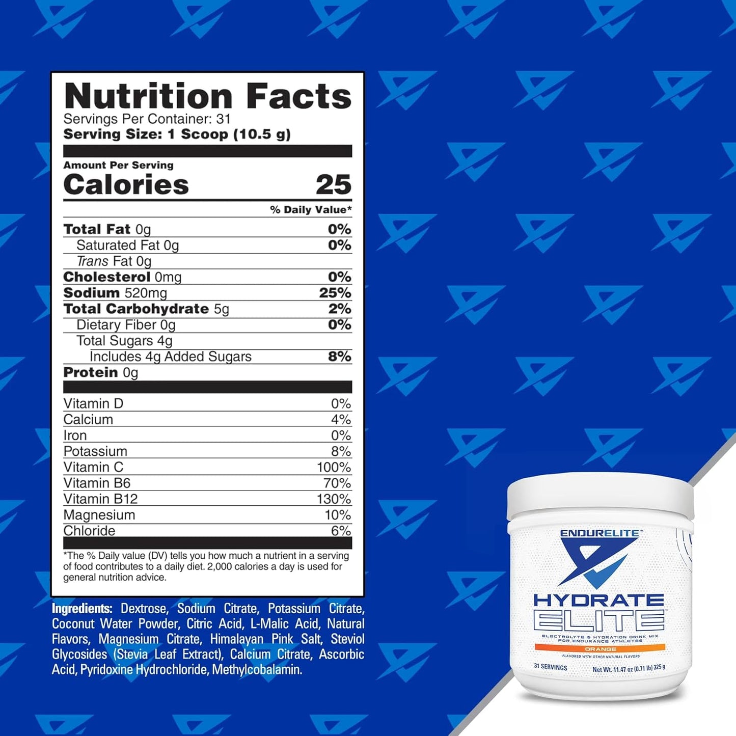 EndurElite Hydrate Elite Hydration Powder Mix: Orange Flavor, 31 Servings for Men and Women, Electrolytes Included