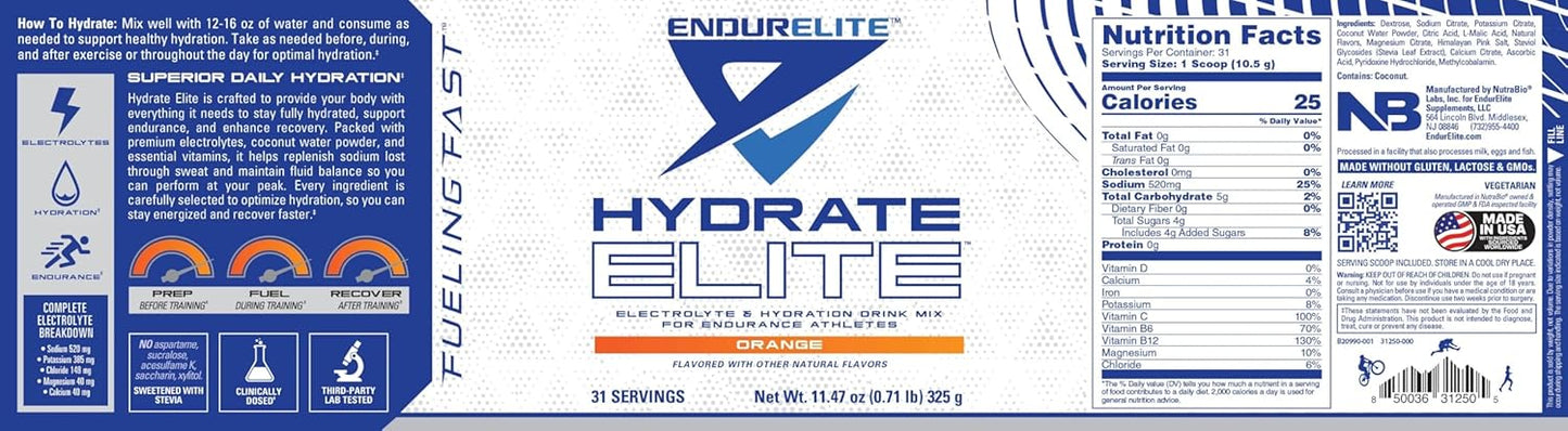 EndurElite Hydrate Elite Hydration Powder Mix: Orange Flavor, 31 Servings for Men and Women, Electrolytes Included