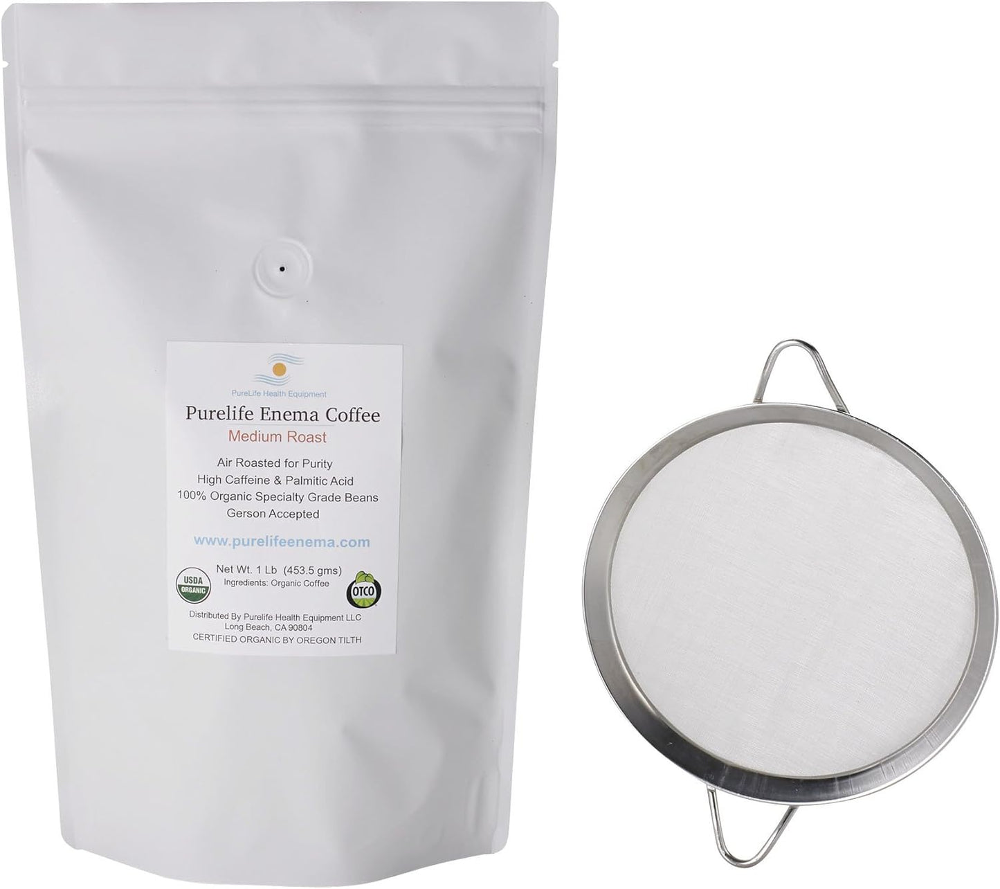 Enema Coffee Kit with Mold-Free Strainer - Medium Ground Air Roasted - Gerson Approved - Direct from Manufacturer