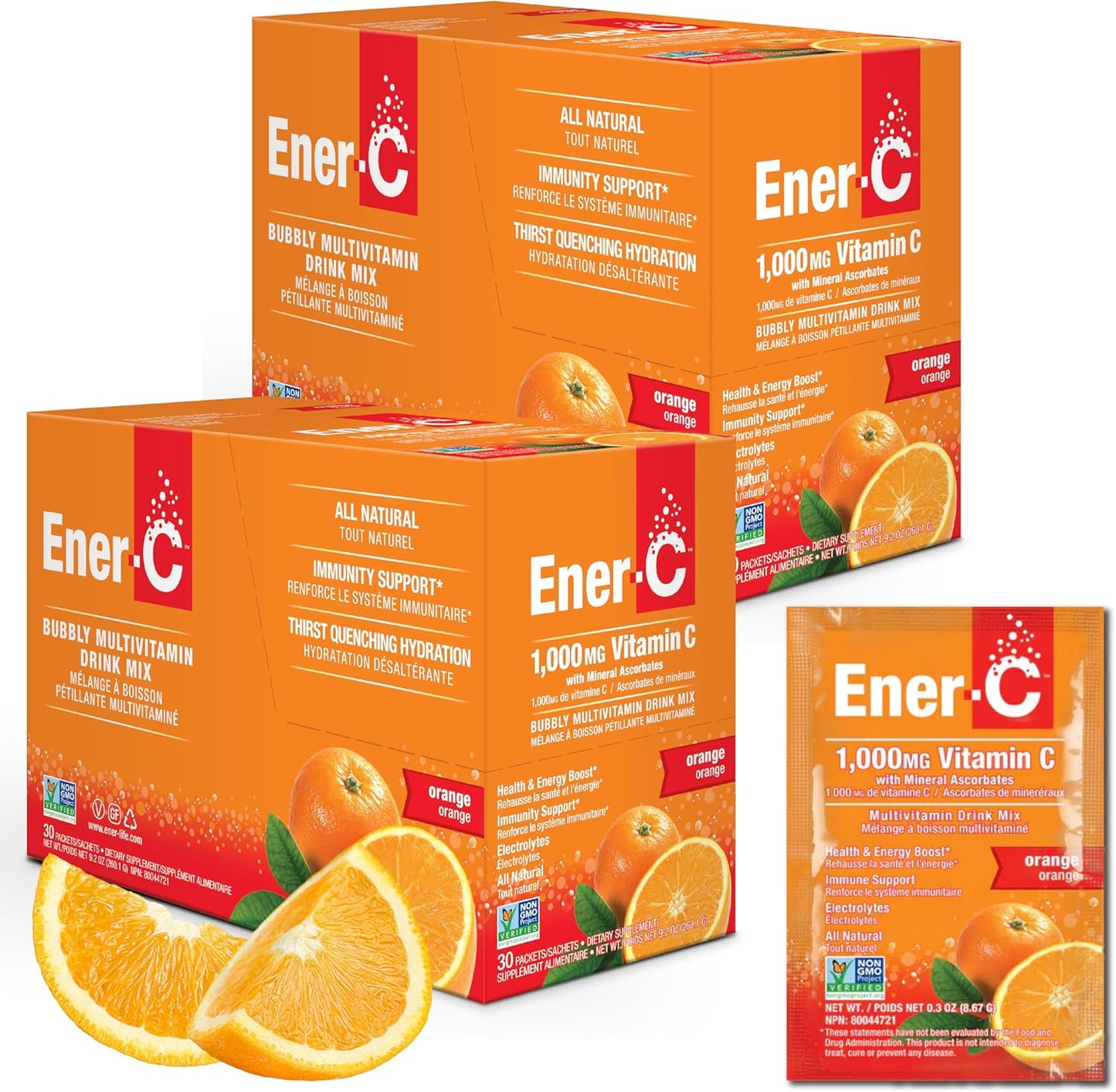 Ener-C Orange Multivitamin Drink Mix Powder with 1000mg Vitamin C & Electrolytes - Natural Energy & Immune Support - Non-GMO Vegan & Gluten Free - 60 Packets