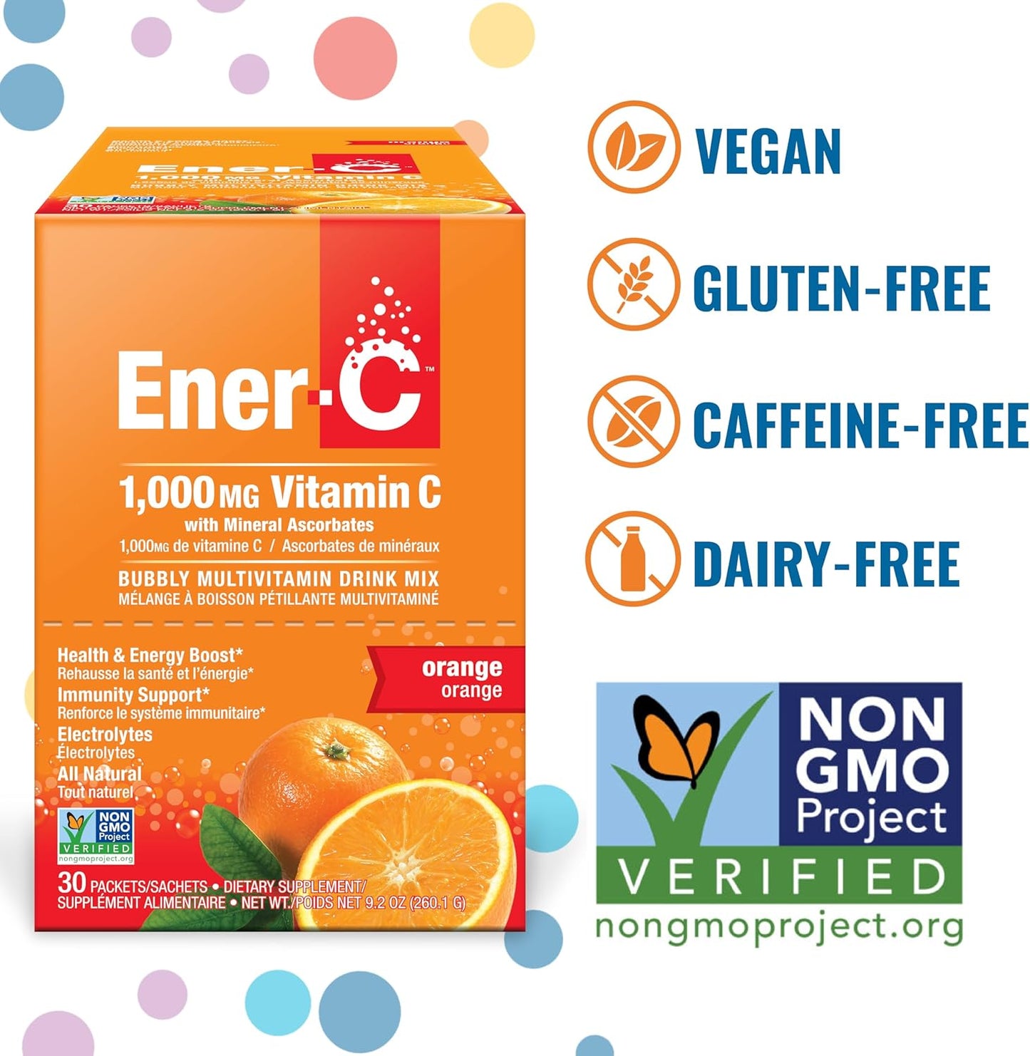 Ener-C Orange Multivitamin Drink Mix Powder with 1000mg Vitamin C & Electrolytes - Natural Energy & Immune Support - Non-GMO Vegan & Gluten Free - 60 Packets
