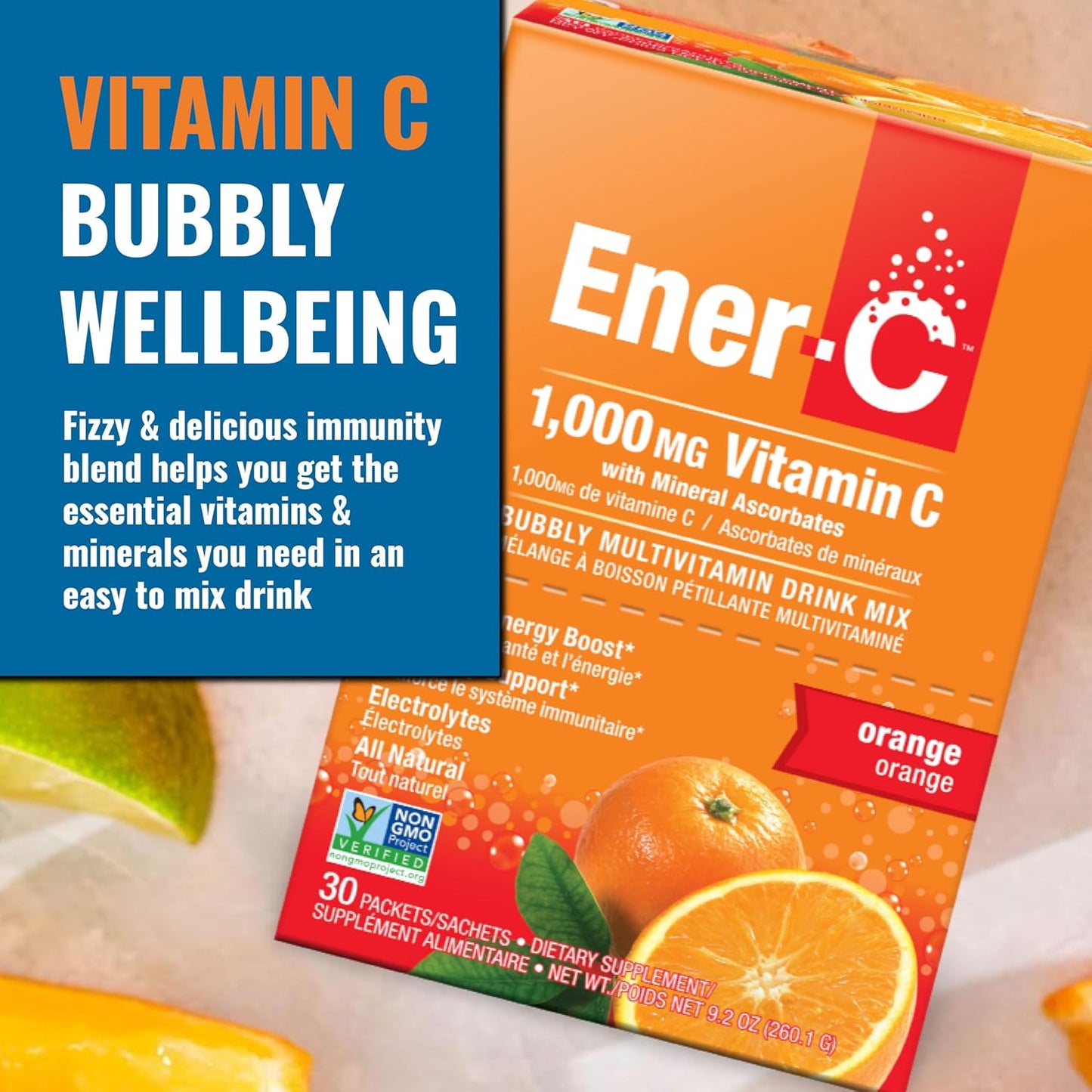 Ener-C Orange Multivitamin Drink Mix Powder with 1000mg Vitamin C & Electrolytes - Natural Energy & Immune Support - Non-GMO Vegan & Gluten Free - 60 Packets