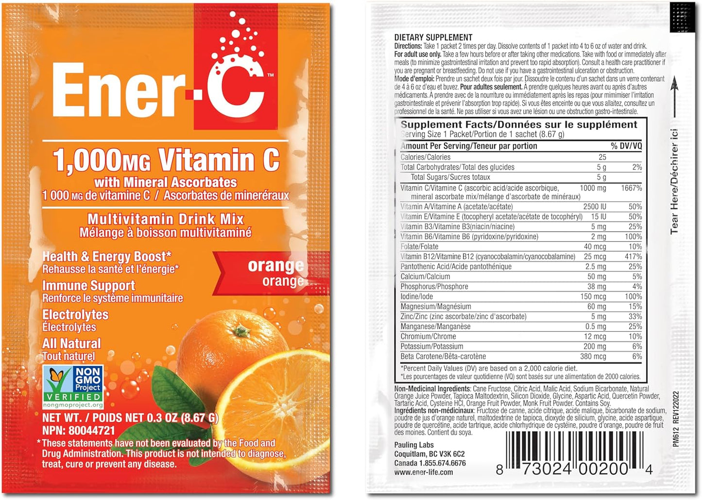 Ener-C Orange Multivitamin Drink Mix Powder with 1000mg Vitamin C & Electrolytes - Natural Energy & Immune Support - Non-GMO Vegan & Gluten Free - 60 Packets