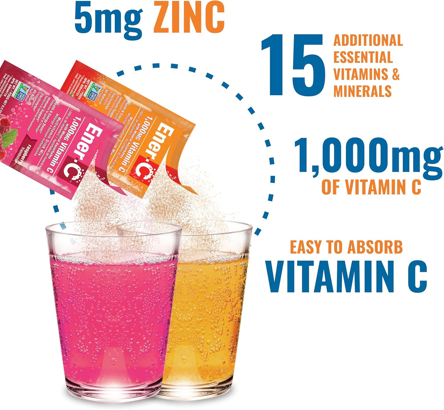 Ener-C Orange & Raspberry Multivitamin Drink Mix Powder - Vitamin C 1000mg & Electrolytes - Natural Energy & Immune Support - Non-GMO Vegan & Gluten Free - 60 Packets