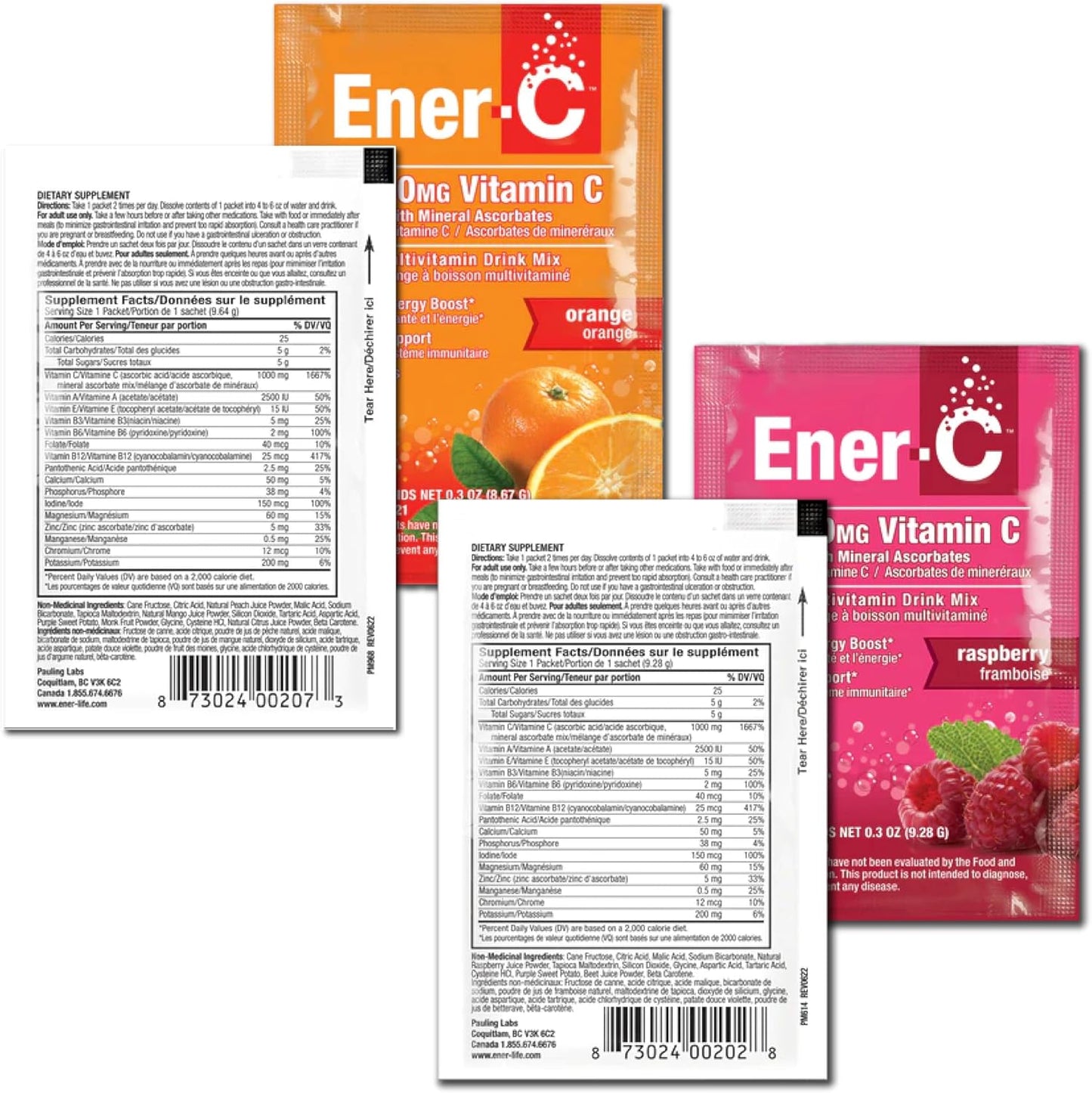 Ener-C Orange & Raspberry Multivitamin Drink Mix Powder - Vitamin C 1000mg & Electrolytes - Natural Energy & Immune Support - Non-GMO Vegan & Gluten Free - 60 Packets