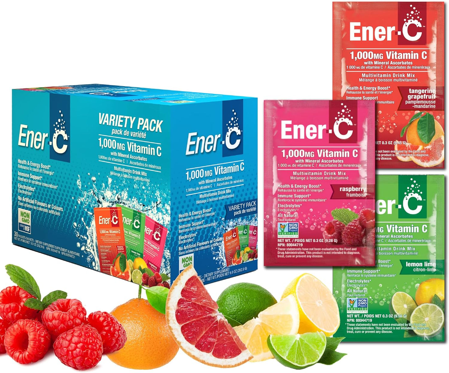 Ener-C Variety Pack Multivitamin Drink Mix Powder with Vitamin C 1000mg & Electrolytes - Natural Energy & Immune Support - Non-GMO Vegan & Gluten Free - 30 Packets