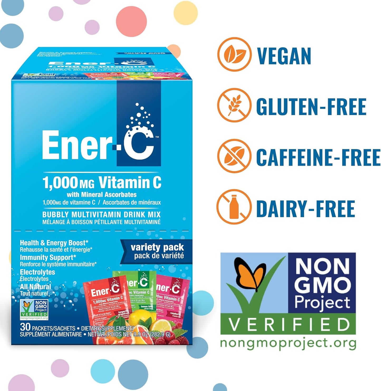 Ener-C Variety Pack Multivitamin Drink Mix Powder with Vitamin C 1000mg & Electrolytes - Natural Energy & Immune Support - Non-GMO Vegan & Gluten Free - 30 Packets
