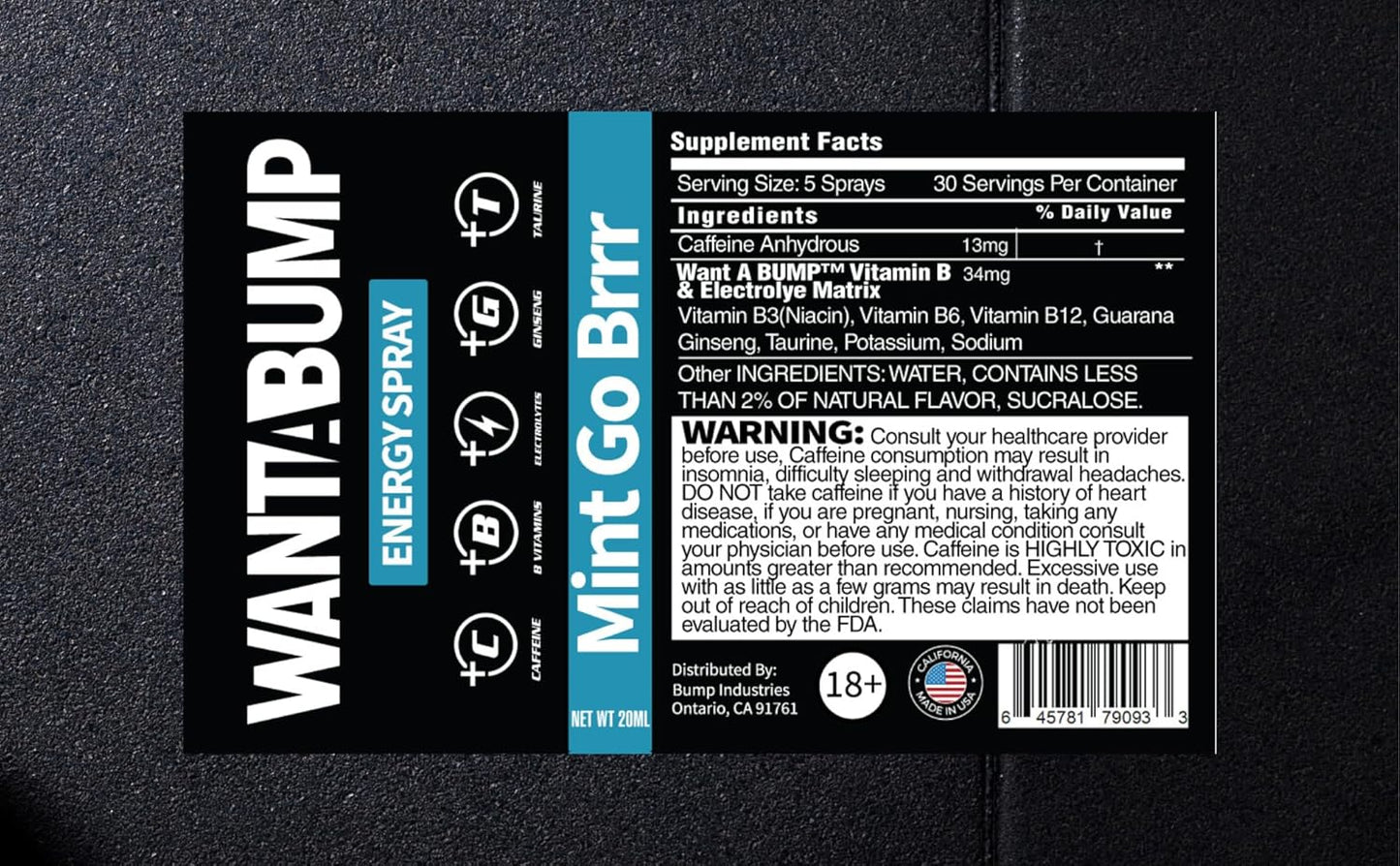 Energizing Bump Spray with Caffeine, B Vitamins, and Electrolytes for Fresh Breath and Alertness