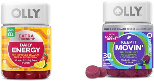 Energy and Constipation Relief Gummy Bundle: OLLY Extra Strength Daily Energy Gummies and Keep It Moving Constipation Relief Gummies, 90 Count