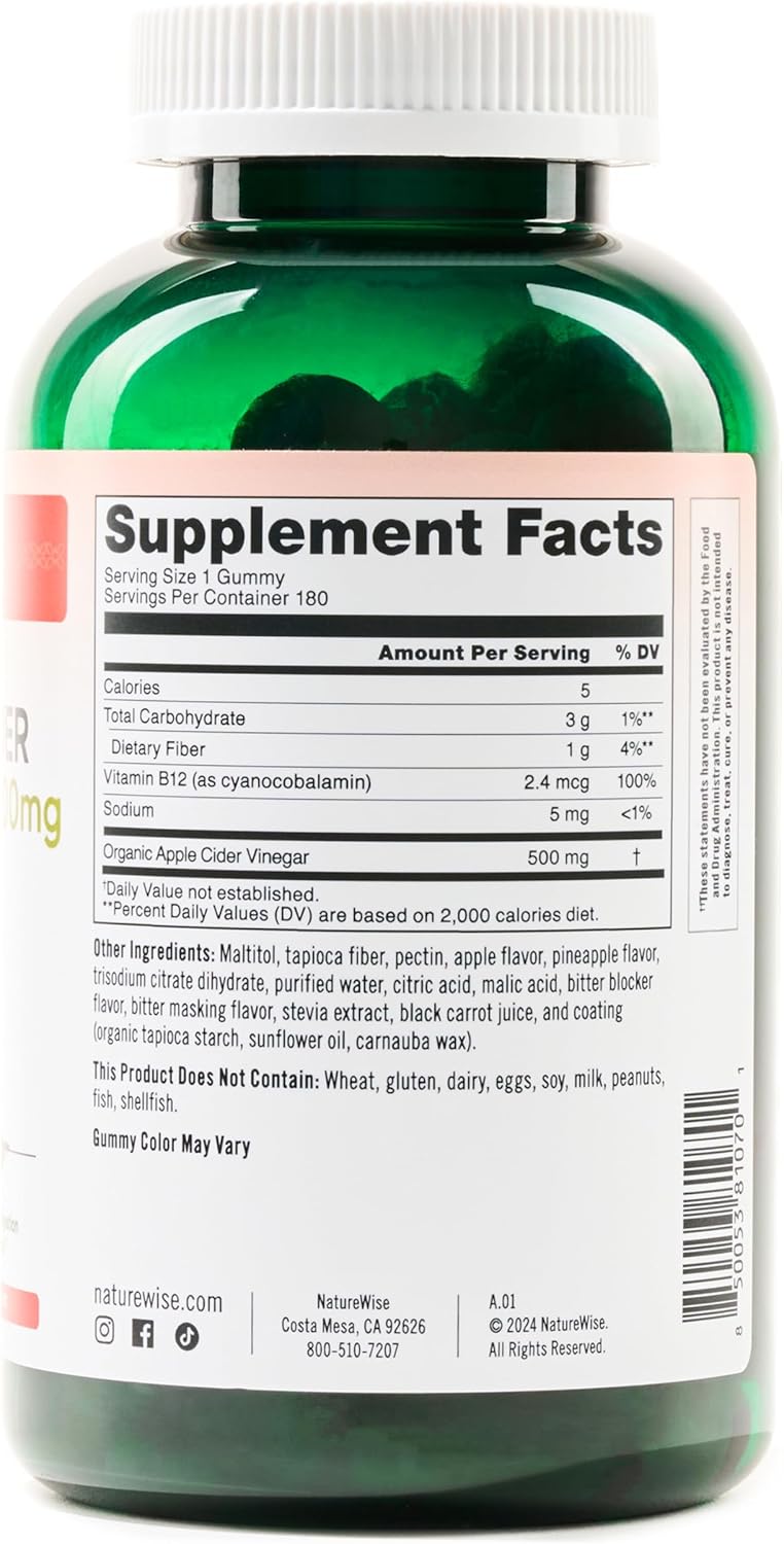 Energy and Gut Health Vegan Apple Cider Vinegar Gummies with Vitamin B12 - 180 Gummies, 1000mg ACV per 2, Sugar Free - 3-Month Supply