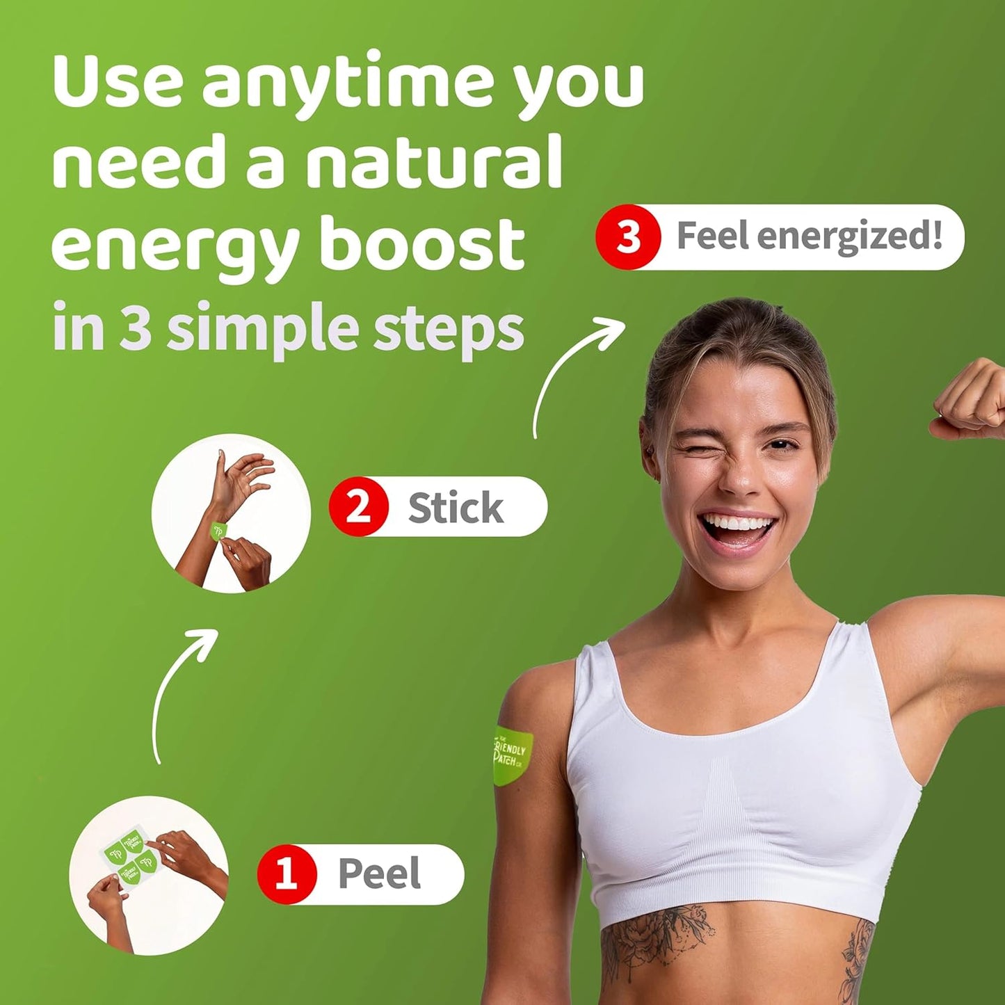 Energy Boost Travel Patches - 8 Pack with Caffeine, Guarana, Green Tea - Men and Women - The Friendly Patch.