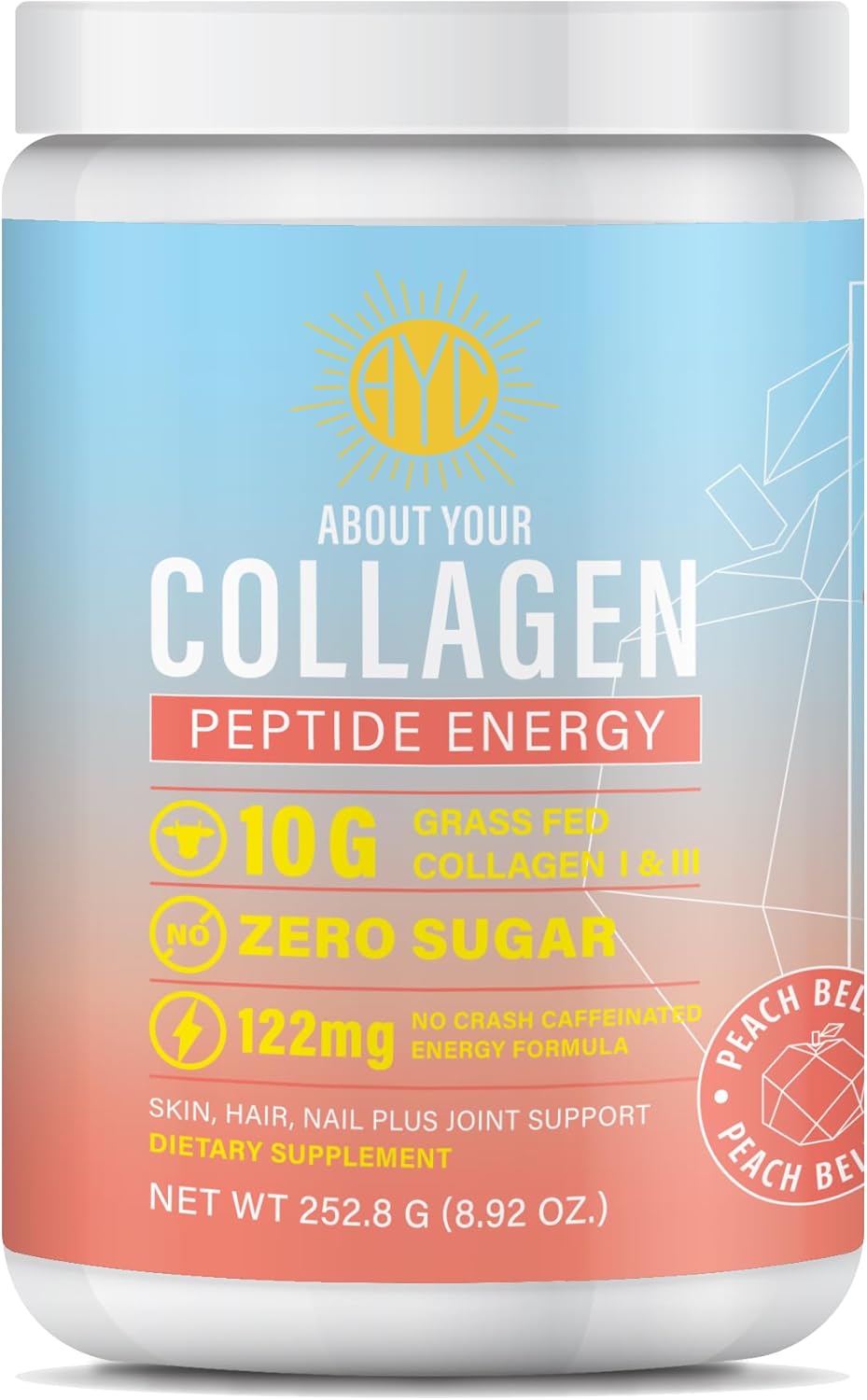 Energy-Boosting Collagen Powder for Hair, Skin & Nails - Type I & III Peptides with Caffeine, Vitamin C, Biotin, Hyaluronic Acid - Zero Sugar, Peach Bellini Flavor - 8.92 oz