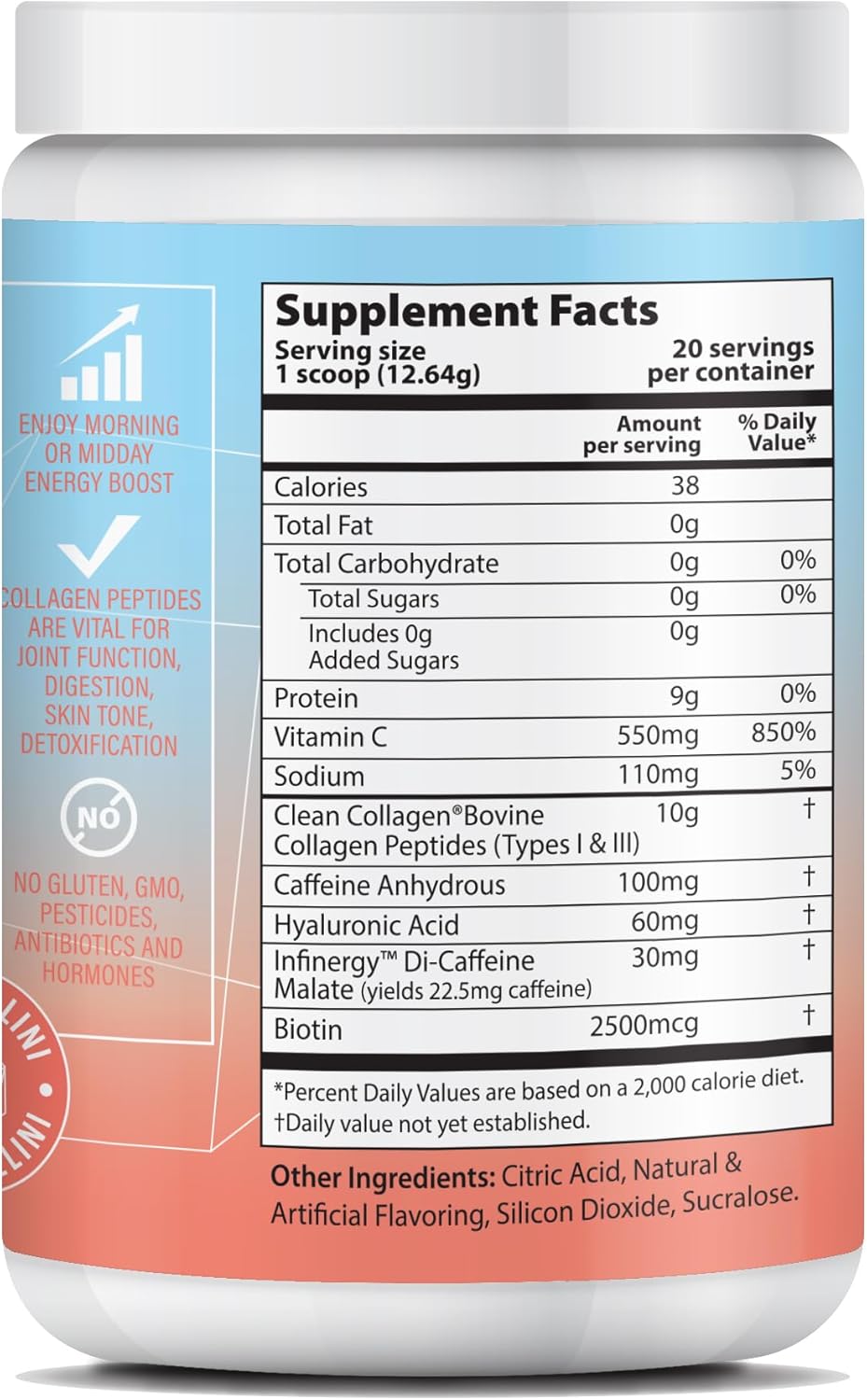 Energy-Boosting Collagen Powder for Hair, Skin & Nails - Type I & III Peptides with Caffeine, Vitamin C, Biotin, Hyaluronic Acid - Zero Sugar, Peach Bellini Flavor - 8.92 oz