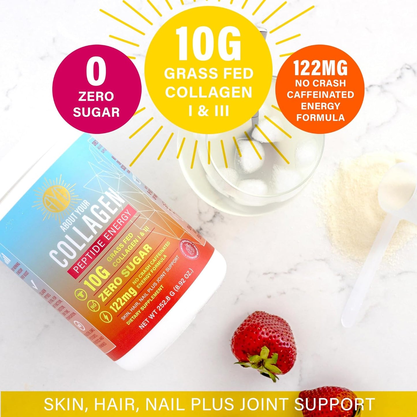 Energy-Boosting Collagen Powder for Hair, Skin & Nails - Type I & III Peptides with Caffeine, Vitamin C, Biotin, Hyaluronic Acid - Zero Sugar, Peach Bellini Flavor - 8.92 oz