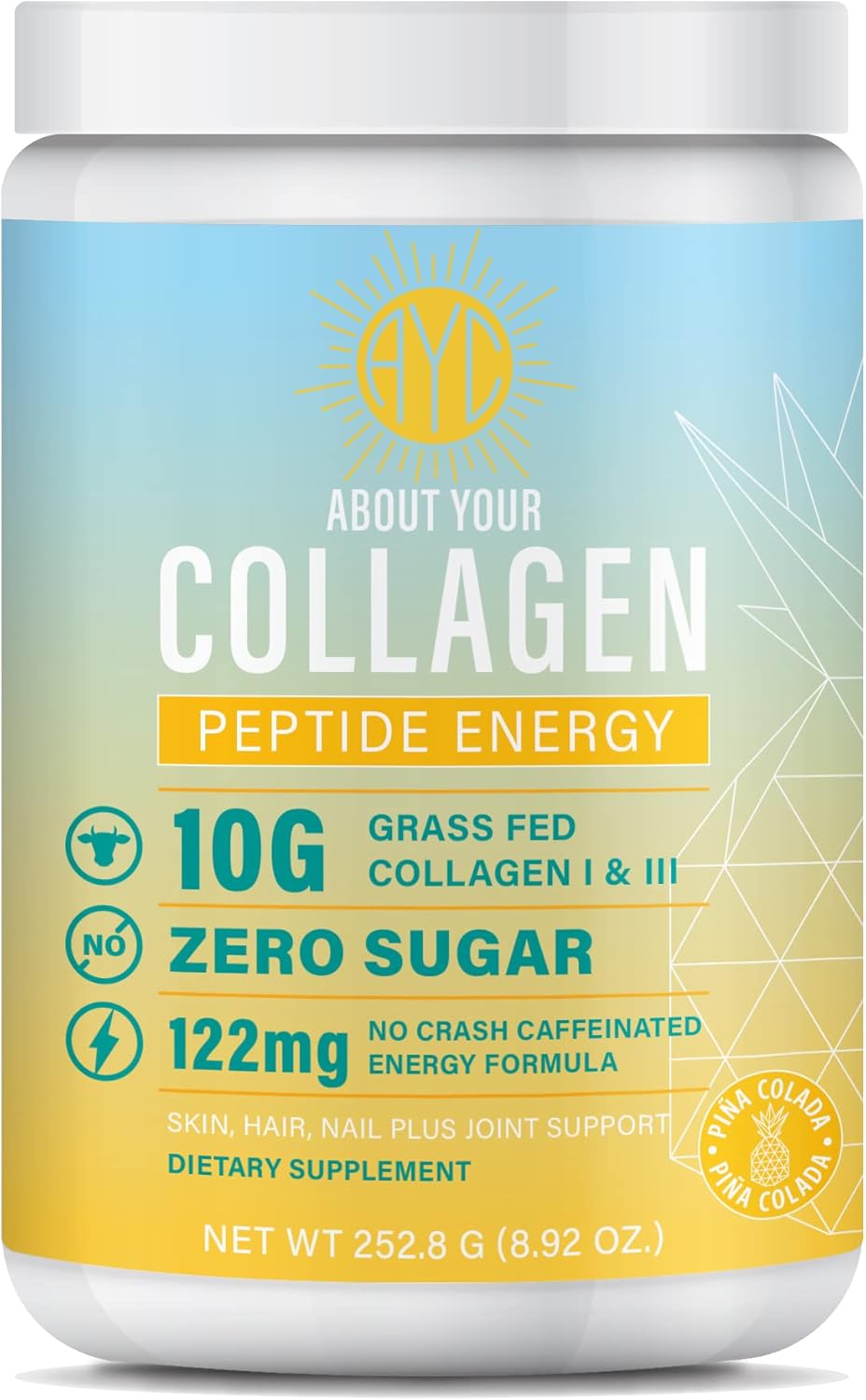 Energy-Boosting Collagen Powder with Caffeine, Vitamin C, Biotin, and Hyaluronic Acid - Pina Colada Flavor - 8.92 oz