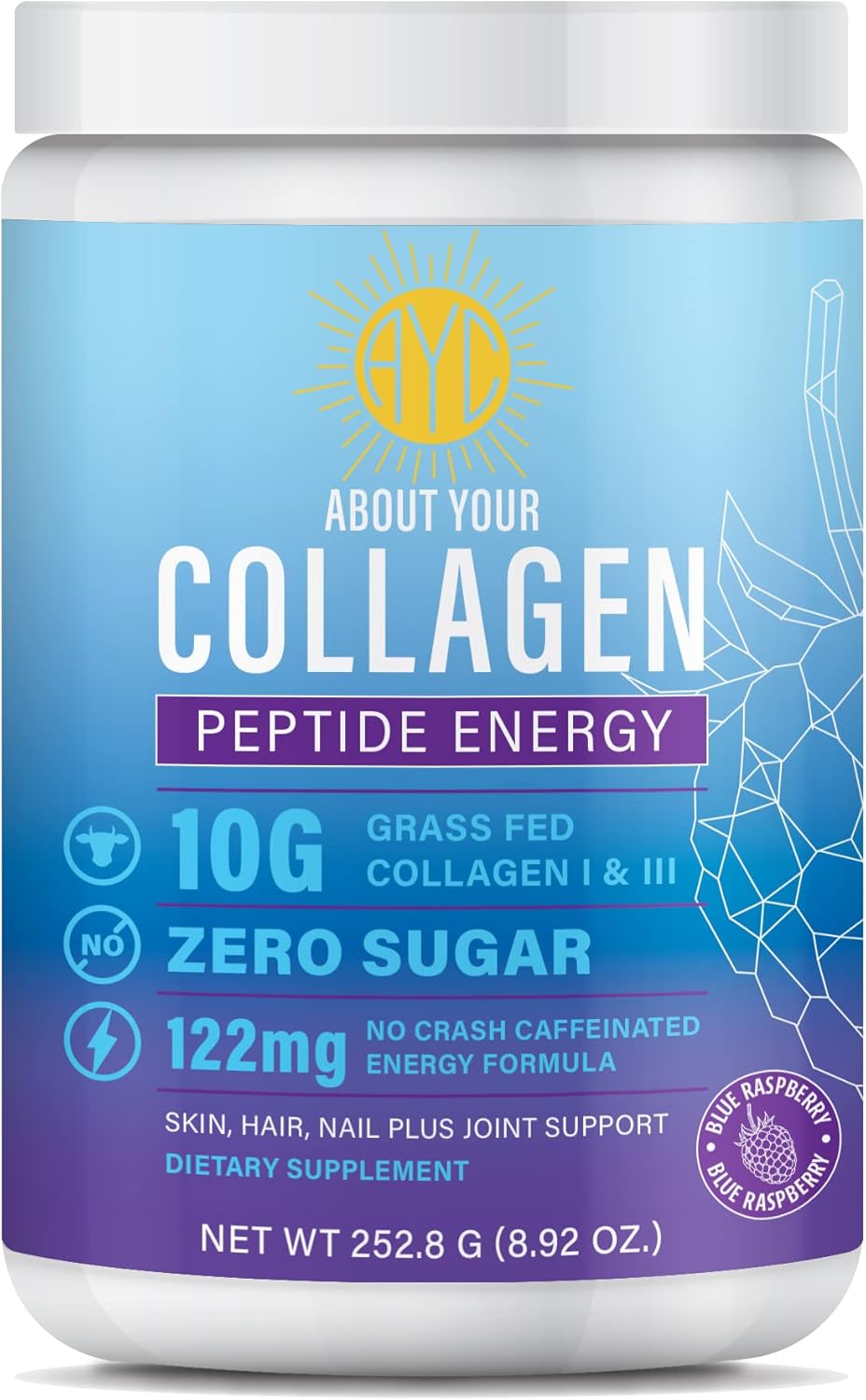 Energy-Boosting Collagen Powder with Caffeine, Vitamin C, Biotin, and Hyaluronic Acid for Hair, Skin, and Nails - Blue Raspberry Flavor - 8.92 oz